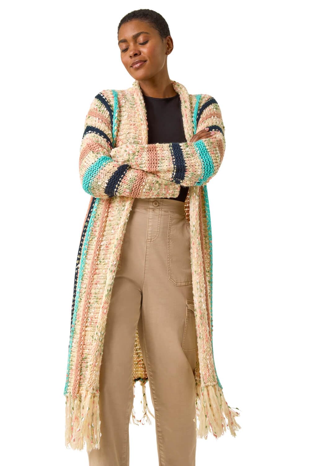 Roman Originals Women Cardigan - Ladies Longline Coatigan Tassel Open Front Cardi Winter Autumn Casual Textured Edge to Edge Yarn Patterned Comfy Work Going Out - Natural Beige Multi - Size 16