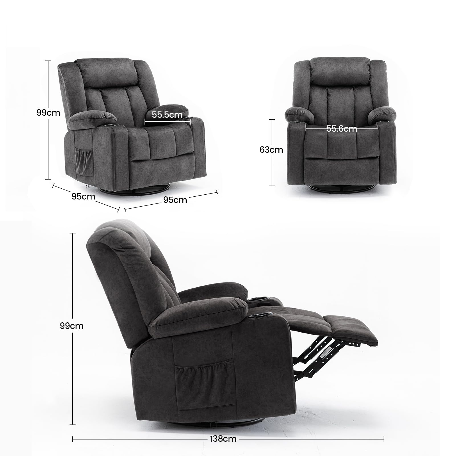 COMHOMA Sillón Reclinable Manual Giratorio para Adultos con Respaldo y Reposapiés Ajustables, Silla de 360° para Salón, Portavasos, Bolsillos Laterales, Tejido Suave, Soporte Ergonómico, Gris