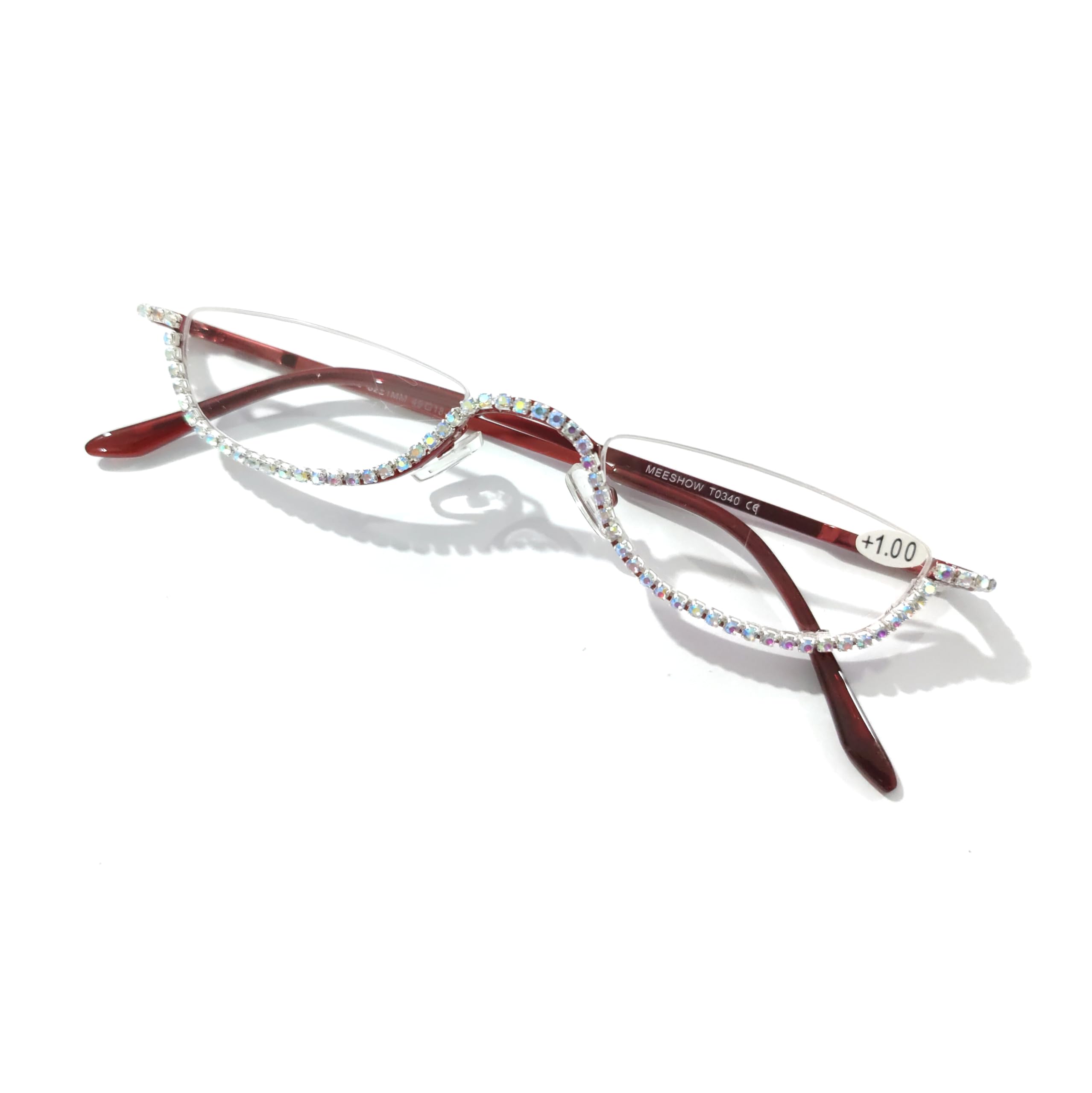 Melrose Rhinestone Reading Glasses Half Moon Oval Anti Blue Light Reading Glasses Comfortable Red Frame Y05 (RED, 1, x)