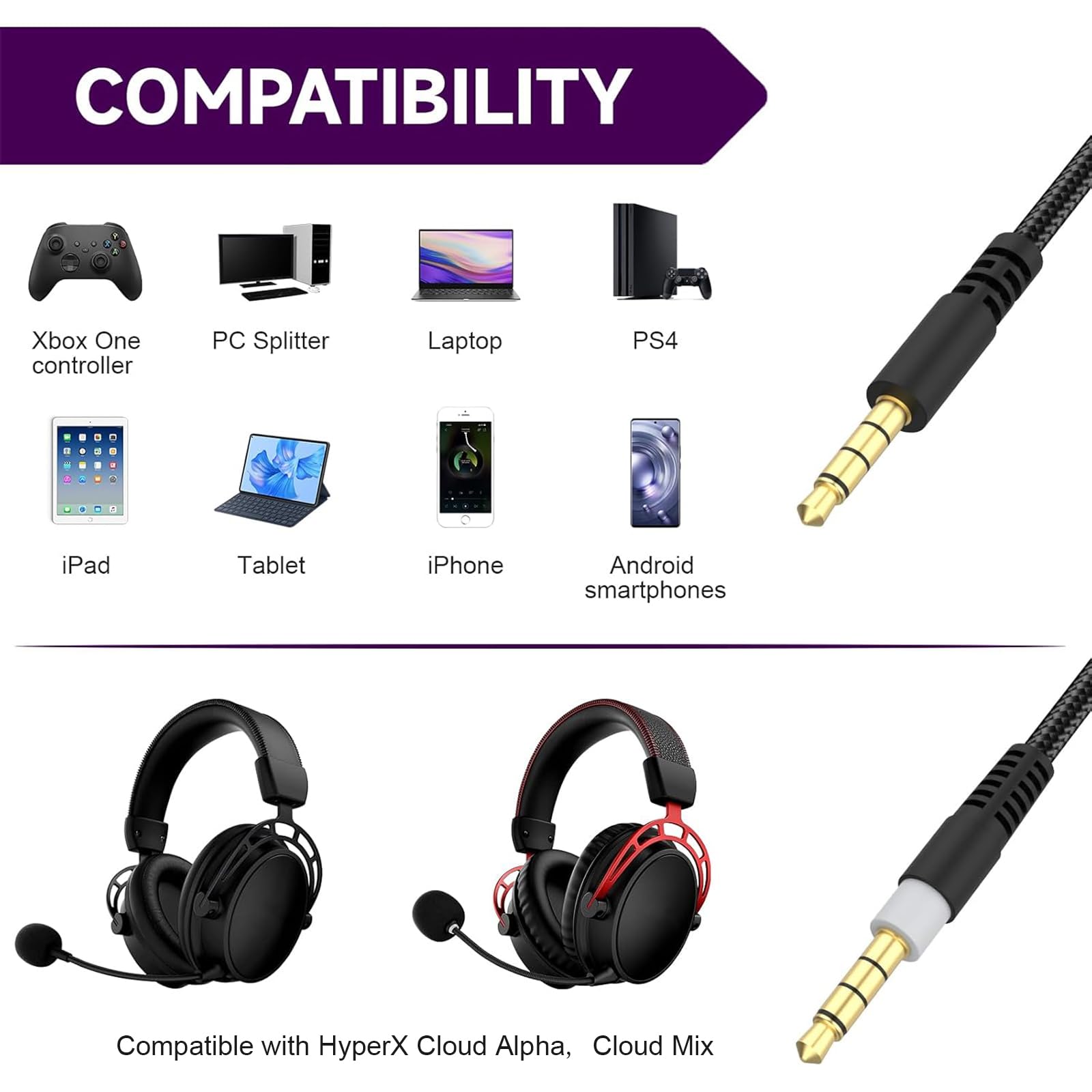 Cloud Alpha Replacement Cable Cord for HyperX Cloud Alpha, Cloud Mix, Cloud Flight, Logitech G633, G933 Gaming Headset, 3.5mm Audio Aux Cable with Inline Mute & Volume Control (No Mic, 4.9ft, Black)