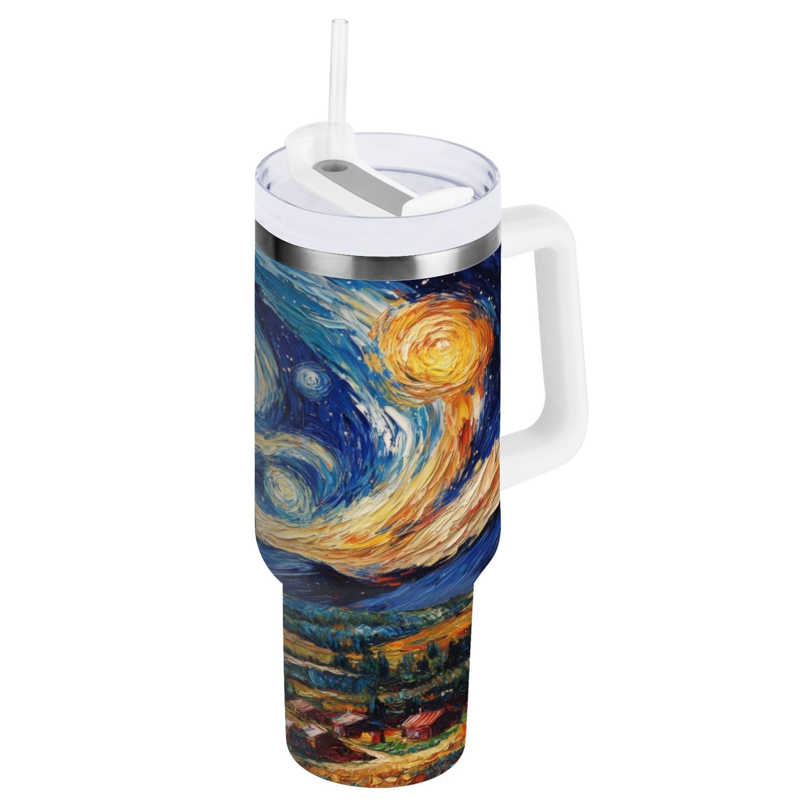 YANENDIE 40 oz Tumbler with Handle and Straw Lid, Double Wall Vacuum Sealed Stainless Steel Cup - Van Gogh Art Travel Mug