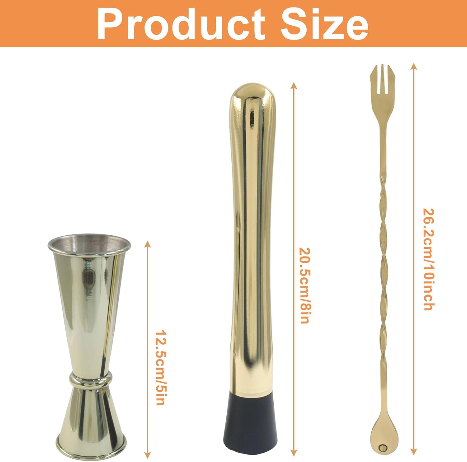 3-Piece 8 Inch Muddler for Cocktails Set, Gold
