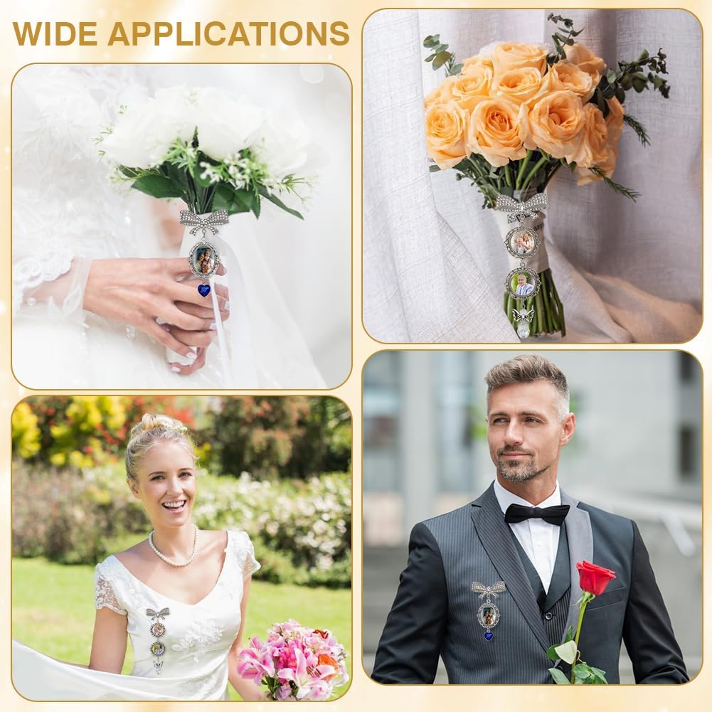 WEBEEDY 2 Styles Wedding Bouquet Photo Charm Rhinestone Bow Brooch Pin with Picture Pendant and Heart Charms for Wedding, Decorative Memorial Pins for Weddings Memory Bride Groom Clothing Decor Anniversary - Image 4