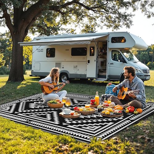 Image of GENIMO Outdoor Rug, Waterproof Plastic Rugs for Patio, 6'x9' Shadow White | Outside Larger Modern Carpet Mat for Porch Decor, Deck, Balcony, Camping, RV, Backyard, Picnic, Beach, Reversible, Foldable