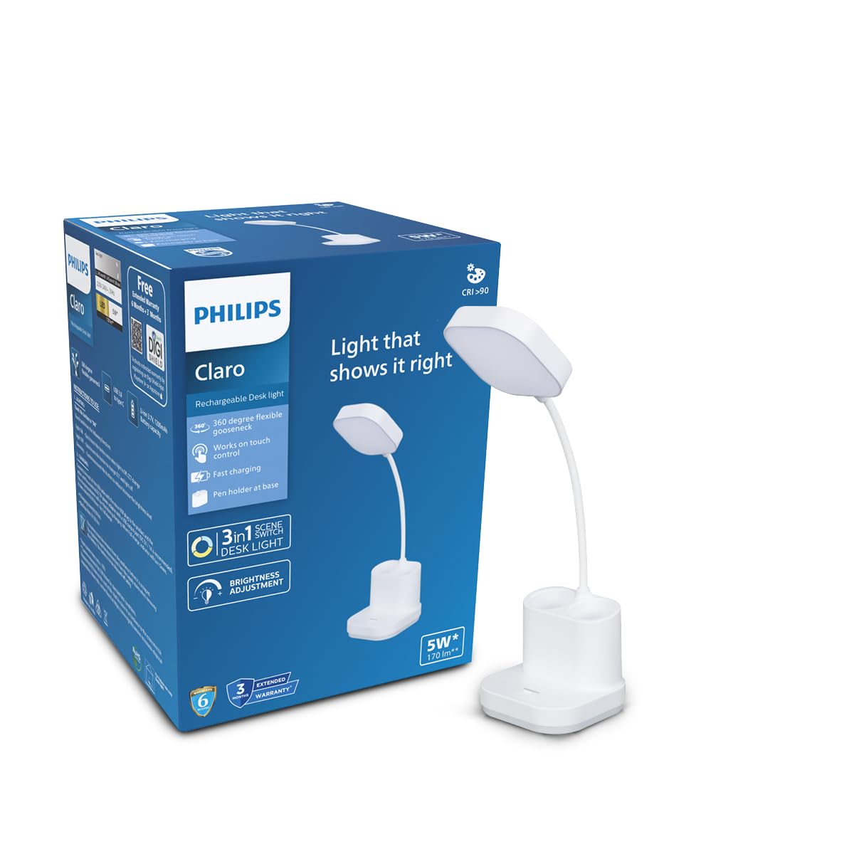 Philips 5W CLARO White LED Desk Light | 3-in-1 Study & Table Lamp | EyeComfort Technology | Adjustable Design | Energy Efficient LED Desk Lamp for Study, Work & Reading | Pack of 1