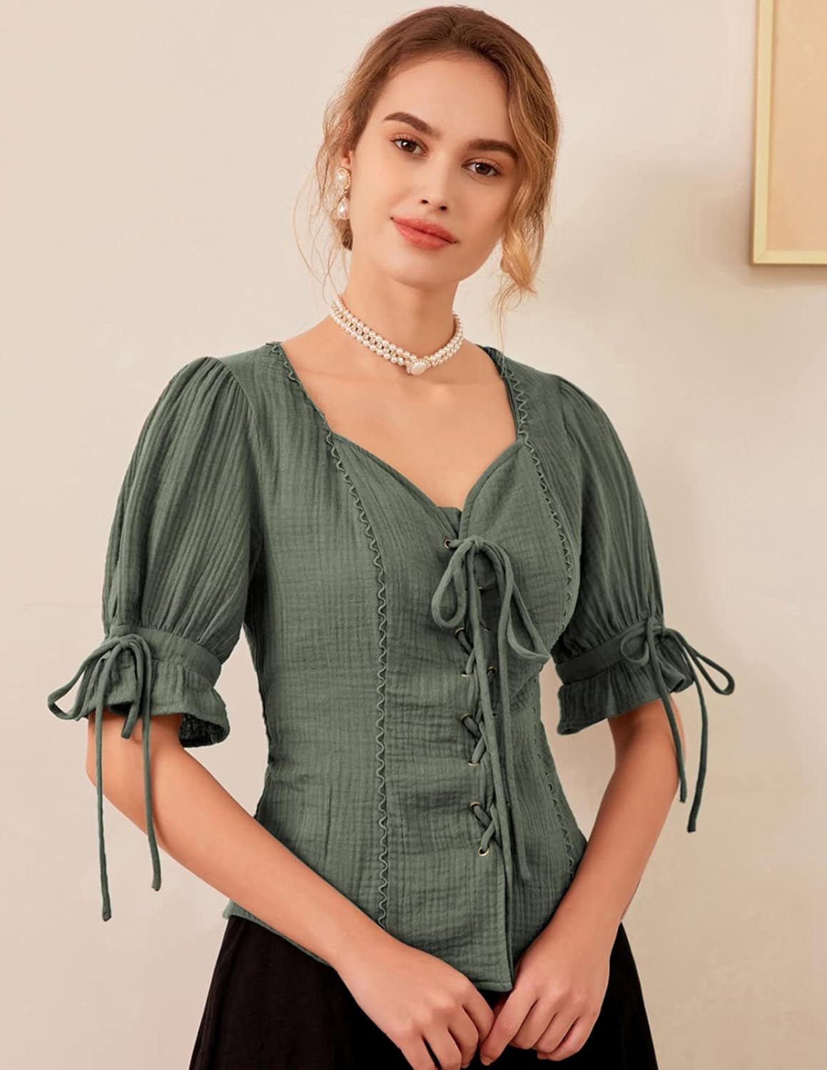 Scarlet Darkness Renaissance Shirts for Women Summer Plus Size Lace-up Tops - Image 3