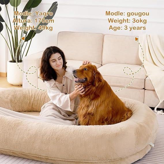 Human Dog Bed,72x48x12 Human Sized Dog Bed,Giant Dog Bed with Washable Faux Fur Human Dog Bed,with Storage Pocket, Present Soft Blanket,Large Dog Bean Bag Bed for Families,Khaki