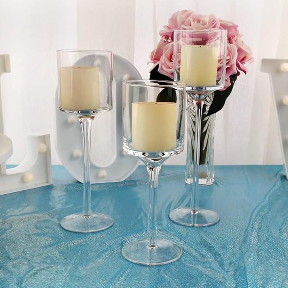Elegante Juego de Copas de Vino cuadradas y portavelas con Velas