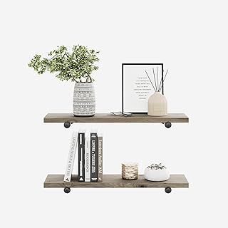 Urbandi Rustic Floating Wall Shelves, Premium Solid Natural Wood with Industrial Pipe Brackets, Set of 2, Made in USA (Grey, 24Wx8D)