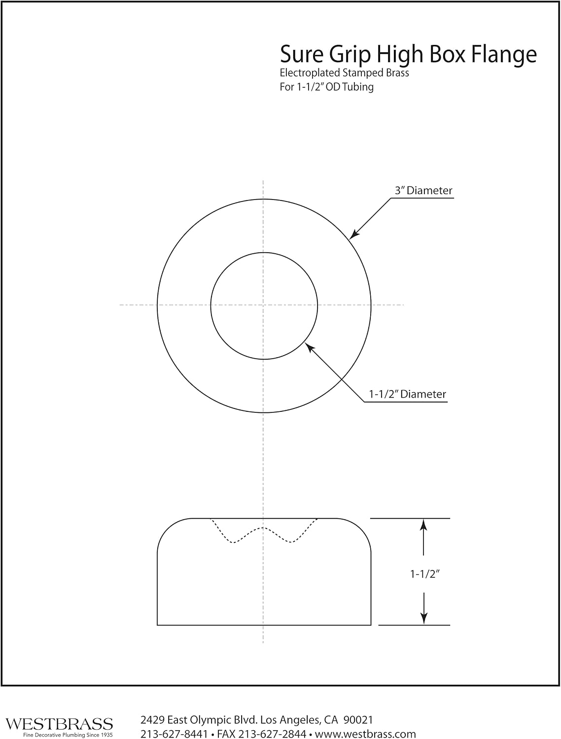 Westbrass A409-62 1-1/2" OD Opening x 3" OD Exterior Diameter High Box Patten Sure Grip Flange, Matte Black