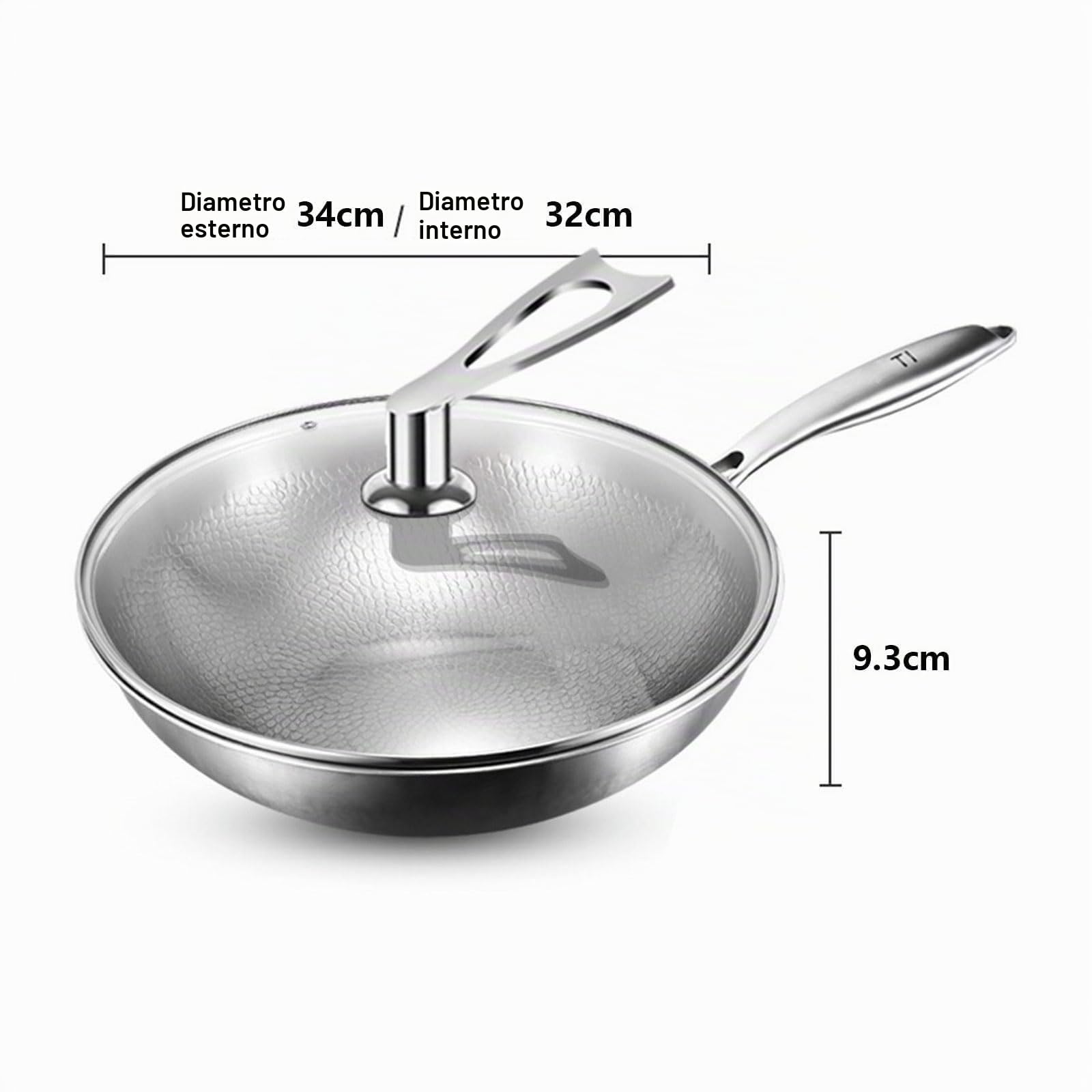 Padella in Titanio Wok Antiaderente con Coperchio, Attrezzi da Cucina Non Rivestiti Compatibili con Gas, Induzione(Size:32cm)