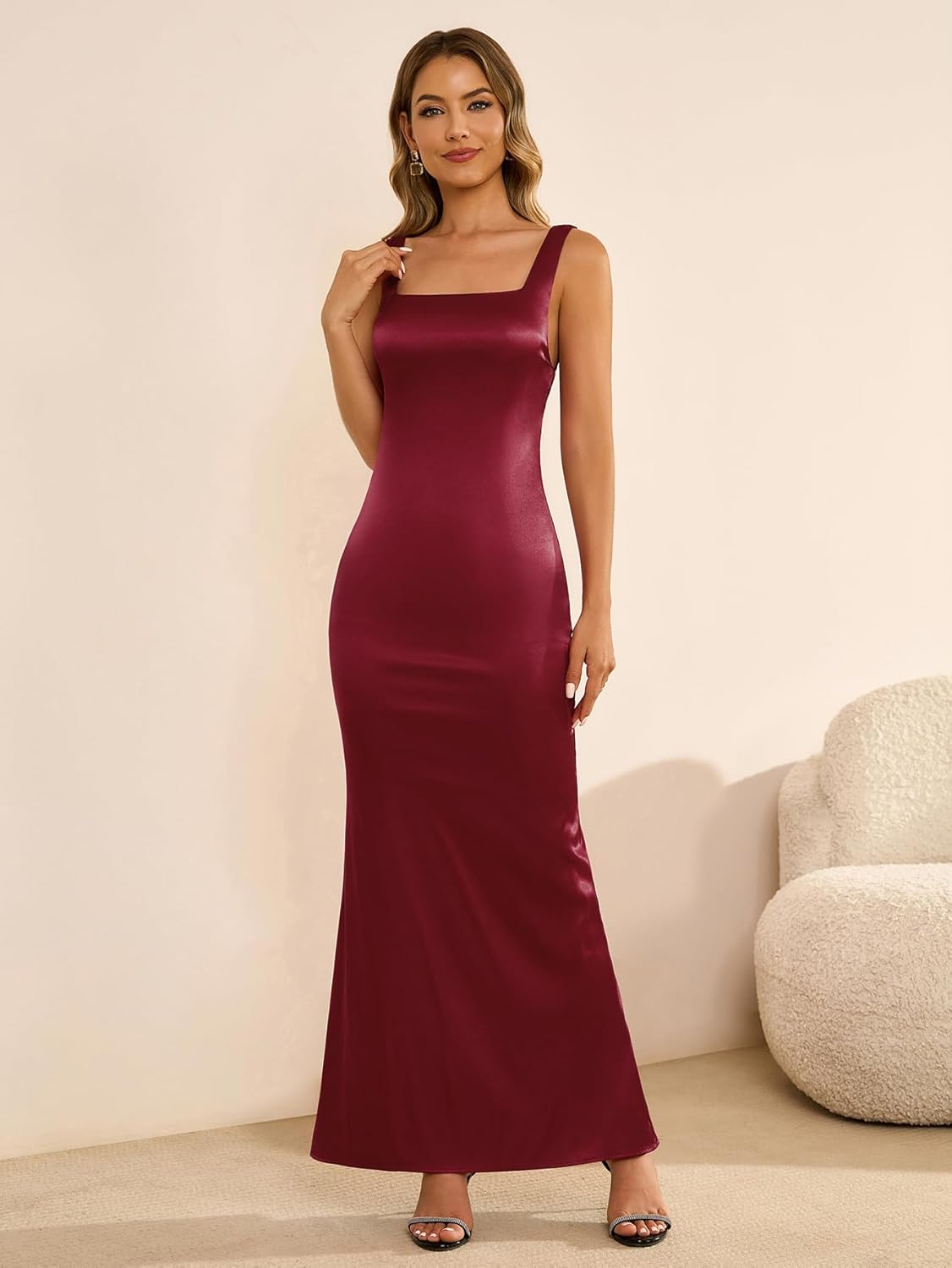EYNMIN Summer Satin Long Formal Dress Square Neck Sleeveless Backless Bodycon Wedding Guest Dresses for Women 2025 Party - Image 4