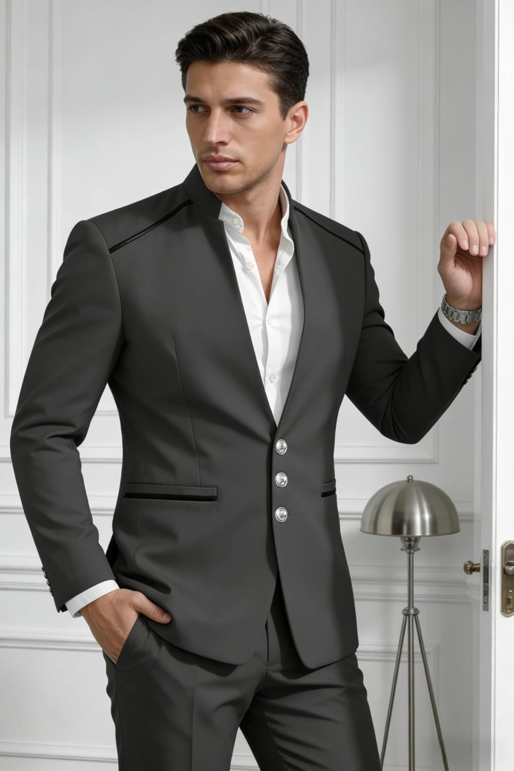 Men's Chinese Tunic Suit Mandarin Collar Suit 2 Piece Slim Fit Traditional Uniform for Wedding Groomsmen Prom