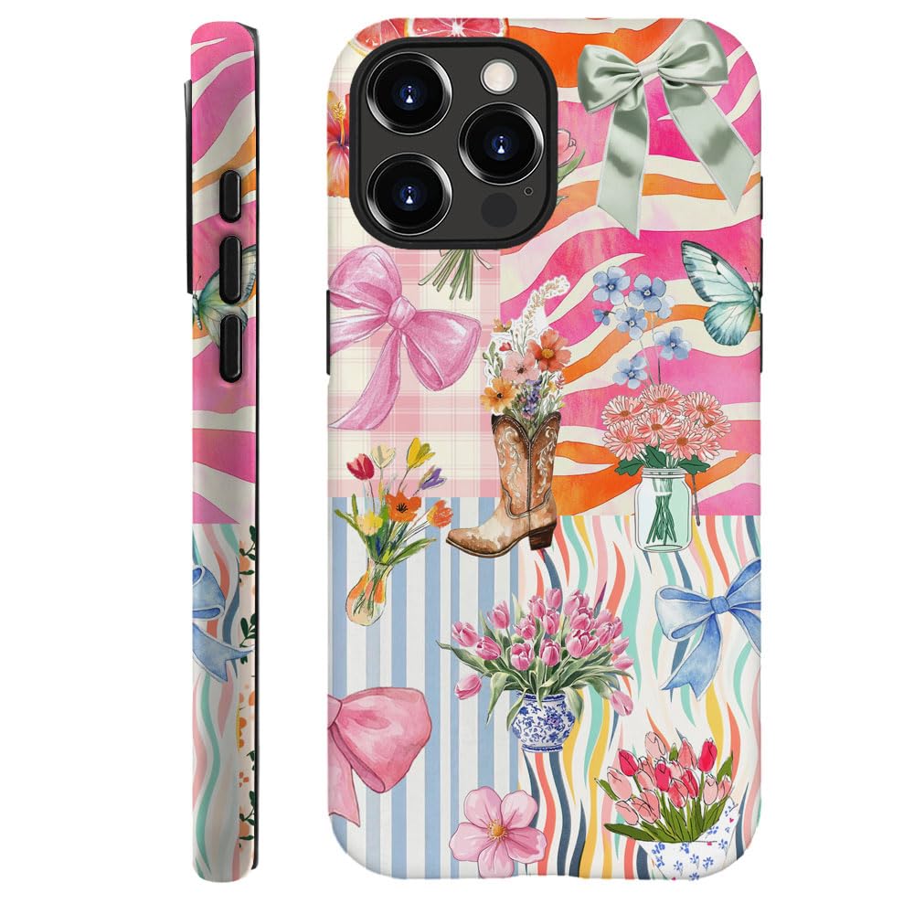 kiritfox Case Compatible with iPhone 14 Pro Max,Hybrid 2-Layer Hard Shell,Shockproof Soft for Girl Women,Bow Ribbon Flower Butterfly Collage