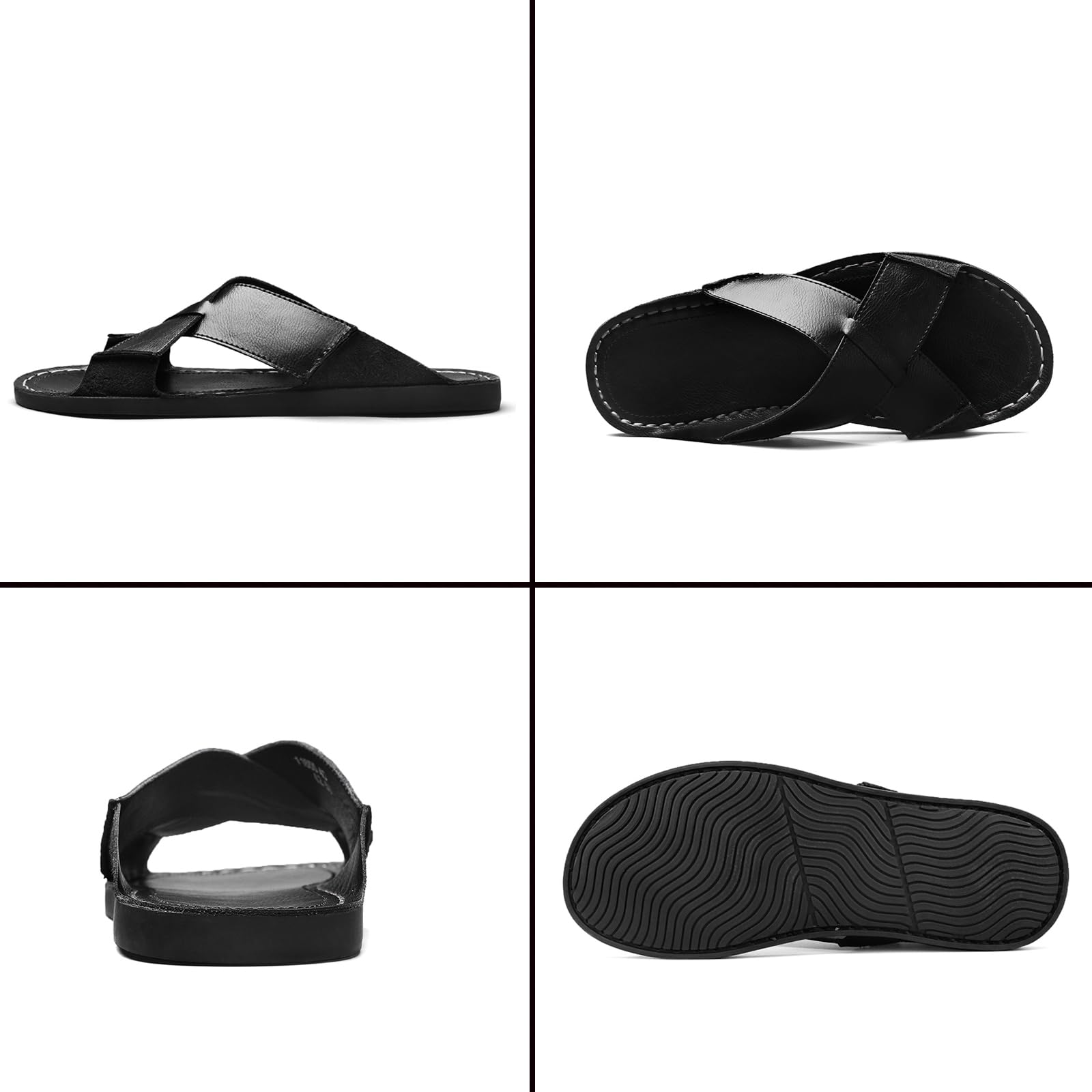 Sandalias de piel auténtica para hombre, cómodas, ligeras, abiertas, redondas, sin cordones, para exteriores, caminar, sandalias casuales de playa, Negro, 46 EU