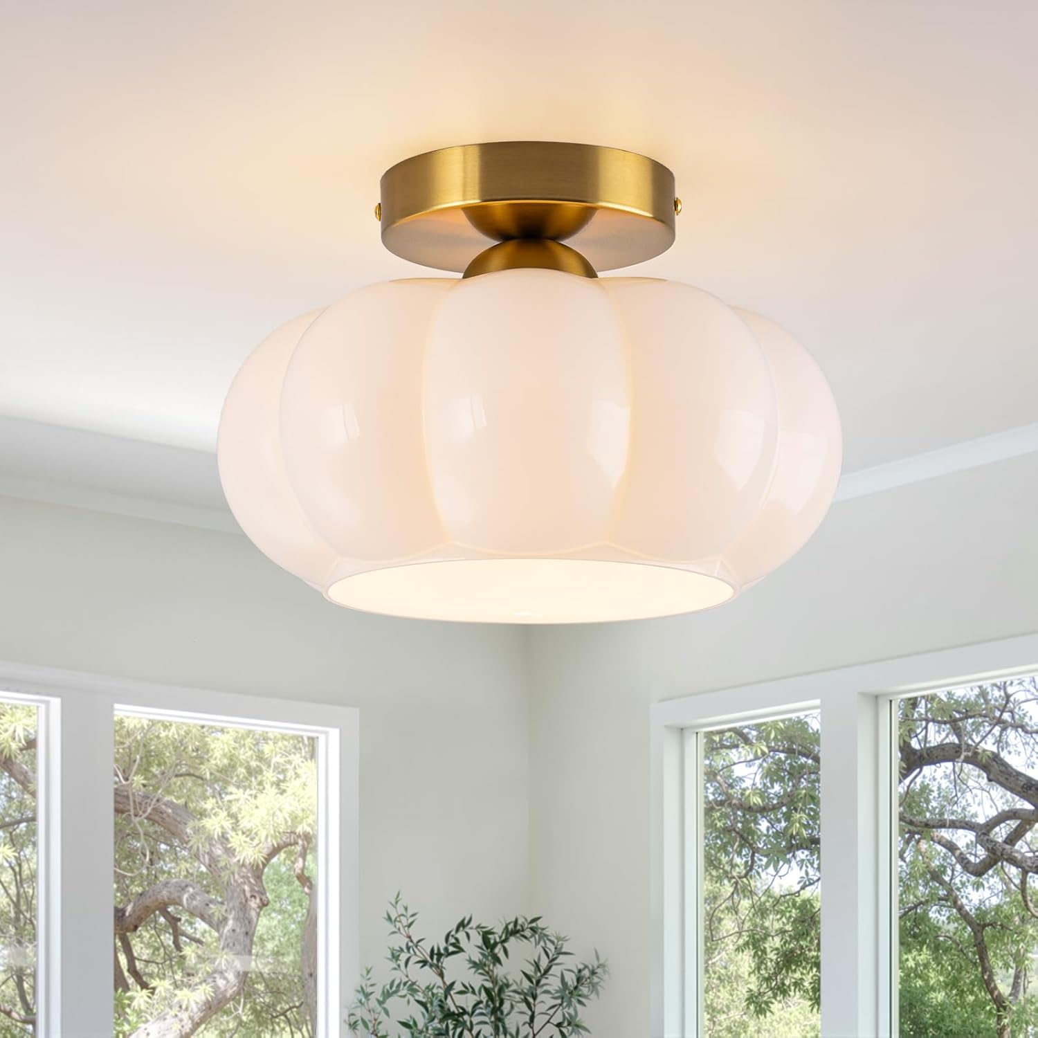 9.84" Mid-Century Modern Semi Flush Mount Ceiling Light,1-Light Brushed Gold Ceiling Light Fixture with Opal Milky White Glass Shade,Dimmable Mini Bedroom Light Fixture for Kitchen,Hallway,Entryway