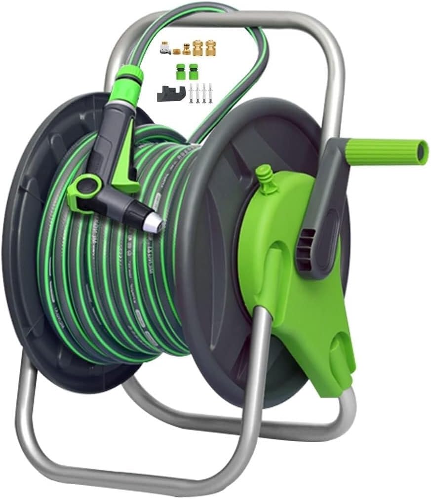 Portable Hose Reel Cart with 30m PVC Hose, Wall Mounted or Hand-held Water Organizer for Garden, Lawn, Pet Bathing, and Outdoor Cleaning (Green)(Hose Cart+10m Pipe)