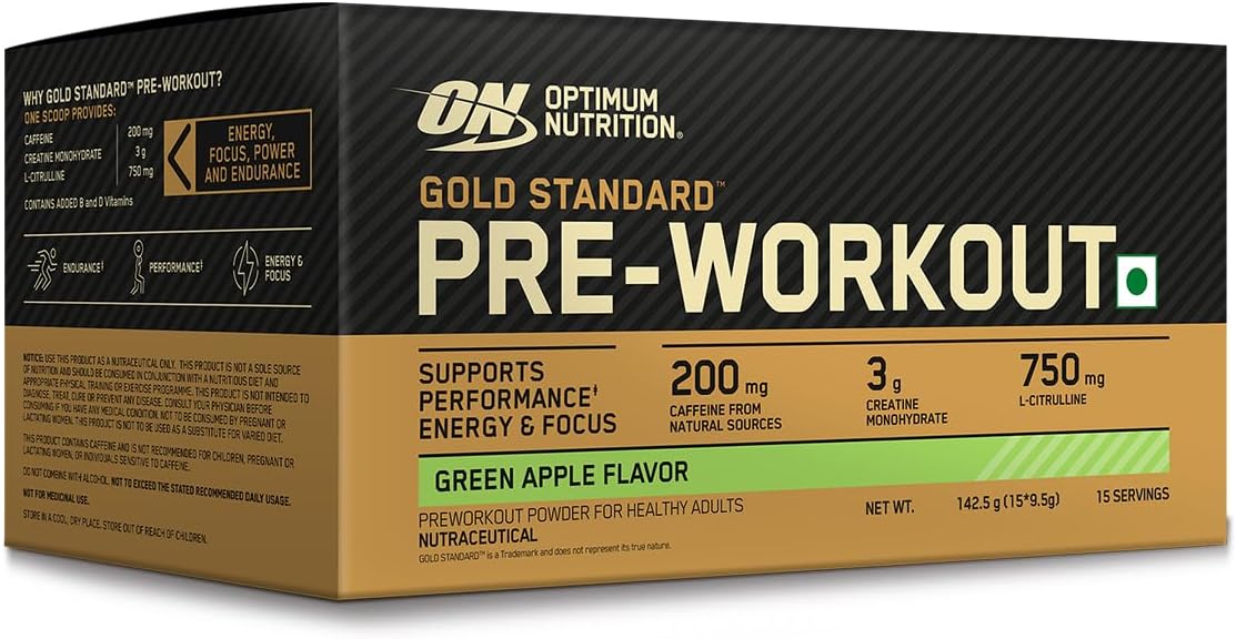 Optimum Nutrition (ON) Gold Standard Pre-Workout- 142.5g/15 single serve packs (Green Apple Flavor), For Energy, Focus, Power, Endurance & Performance