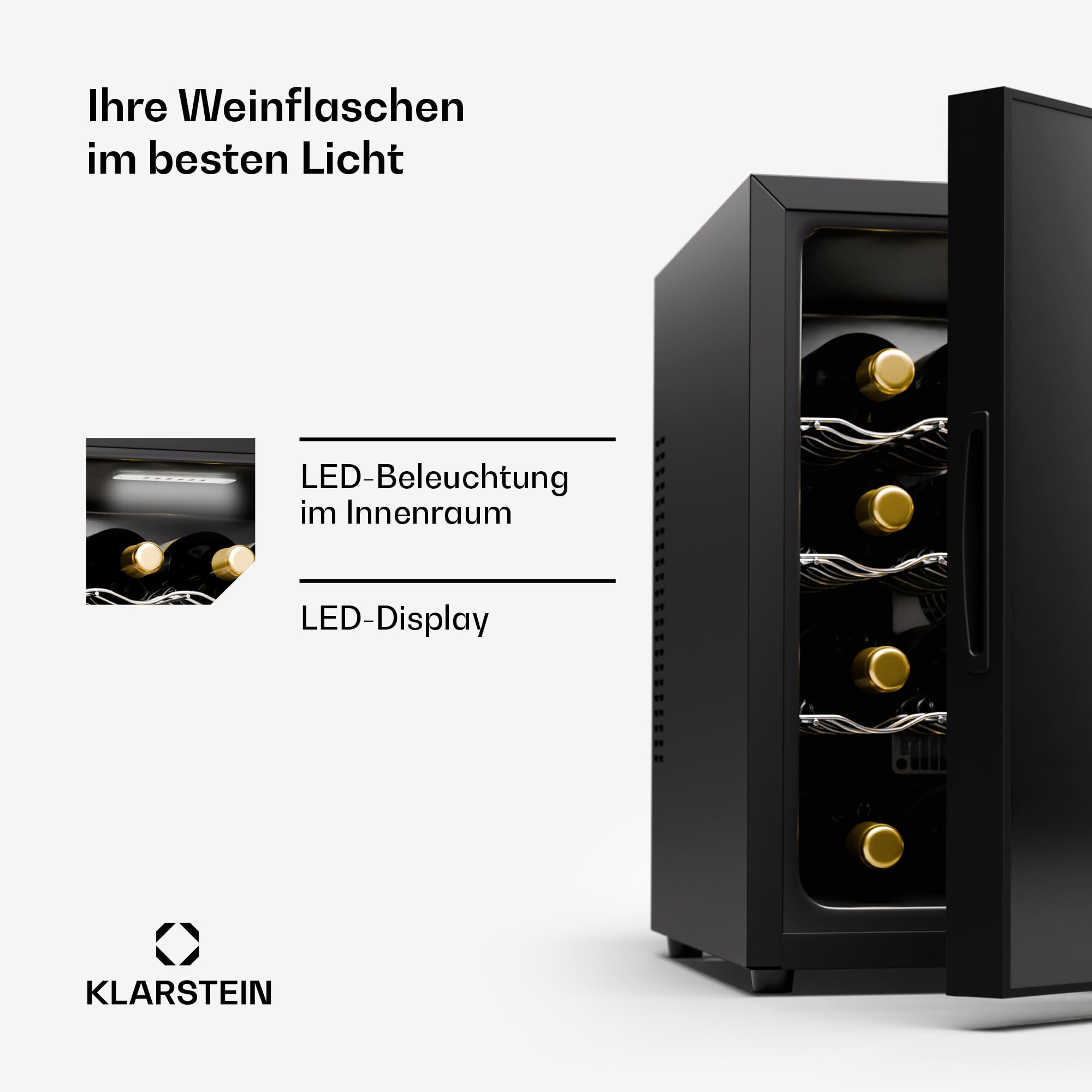 Klarstein Freistehender Weinkühlschrank 1 Zonen 16 Flaschen 5-22°C Glastür Leiser Flaschenkühlschrank