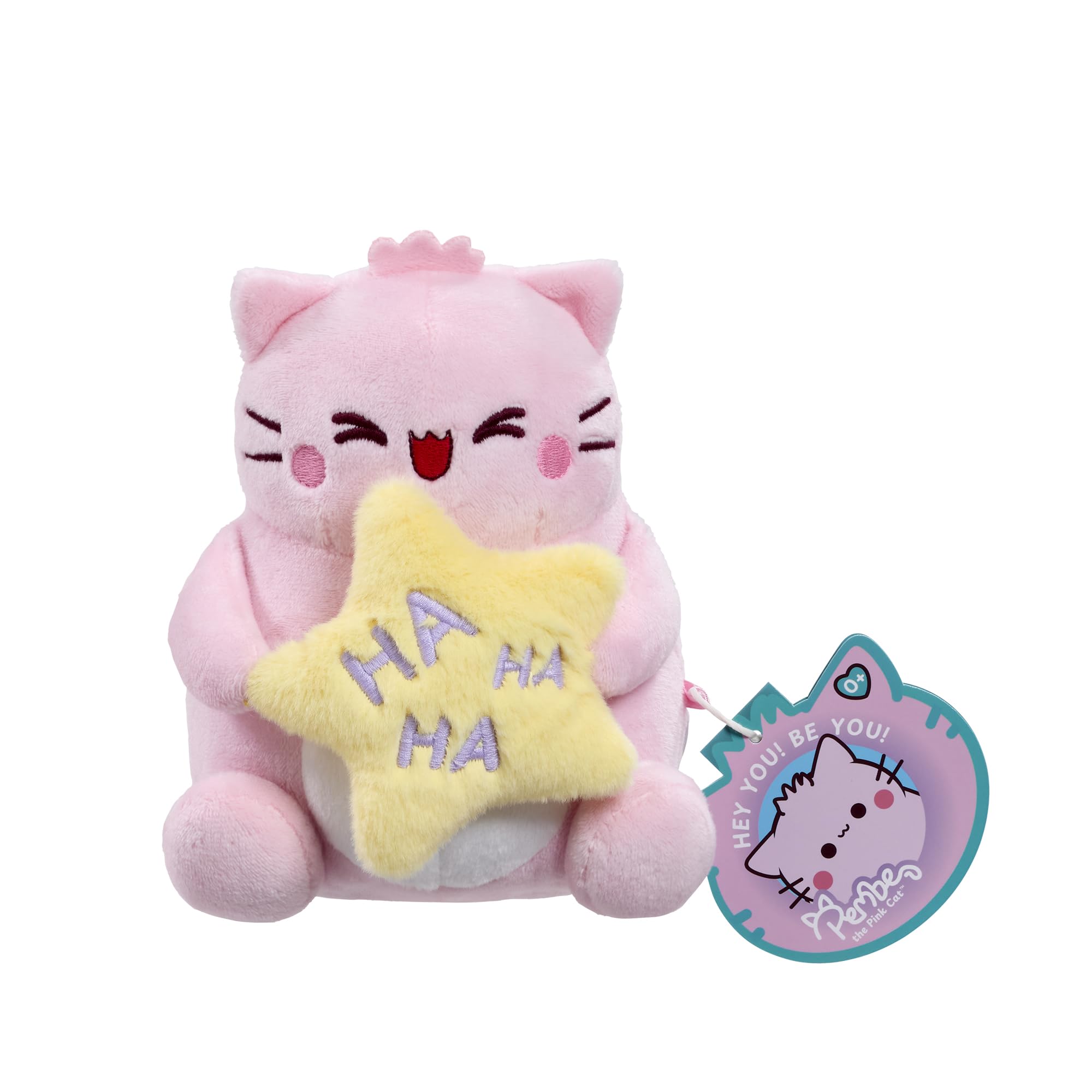 Rainbow Designs Pembe Laughing Pink Cat Soft Toy, 15cm Kawaii Plush holding Star, Cute Collectable Gift for Kids & Adults, Soft Fabric Stuffed Animal, Positive & Uplifting Small Plushie
