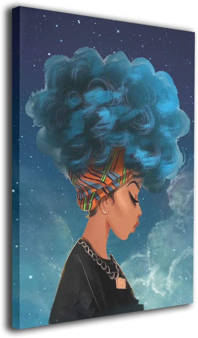 Cool Africa Woman with Blue Natural Hair Comtemporary Canvas Wall Art Photo Printed On Canvas Framed Artwork for Office Wall Decoration Ready to Hang 16x20in