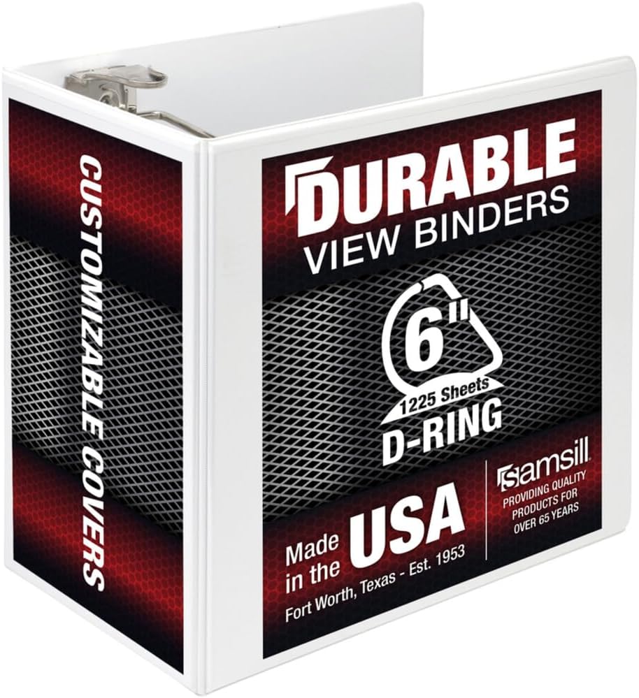 Samsill 16427 Titan Extra Large 6 Inch 3 Ring View Binder - Non-Stick Customizable Clear View Cover - Locking D-Ring - Holds Over 1250 Sheets - White