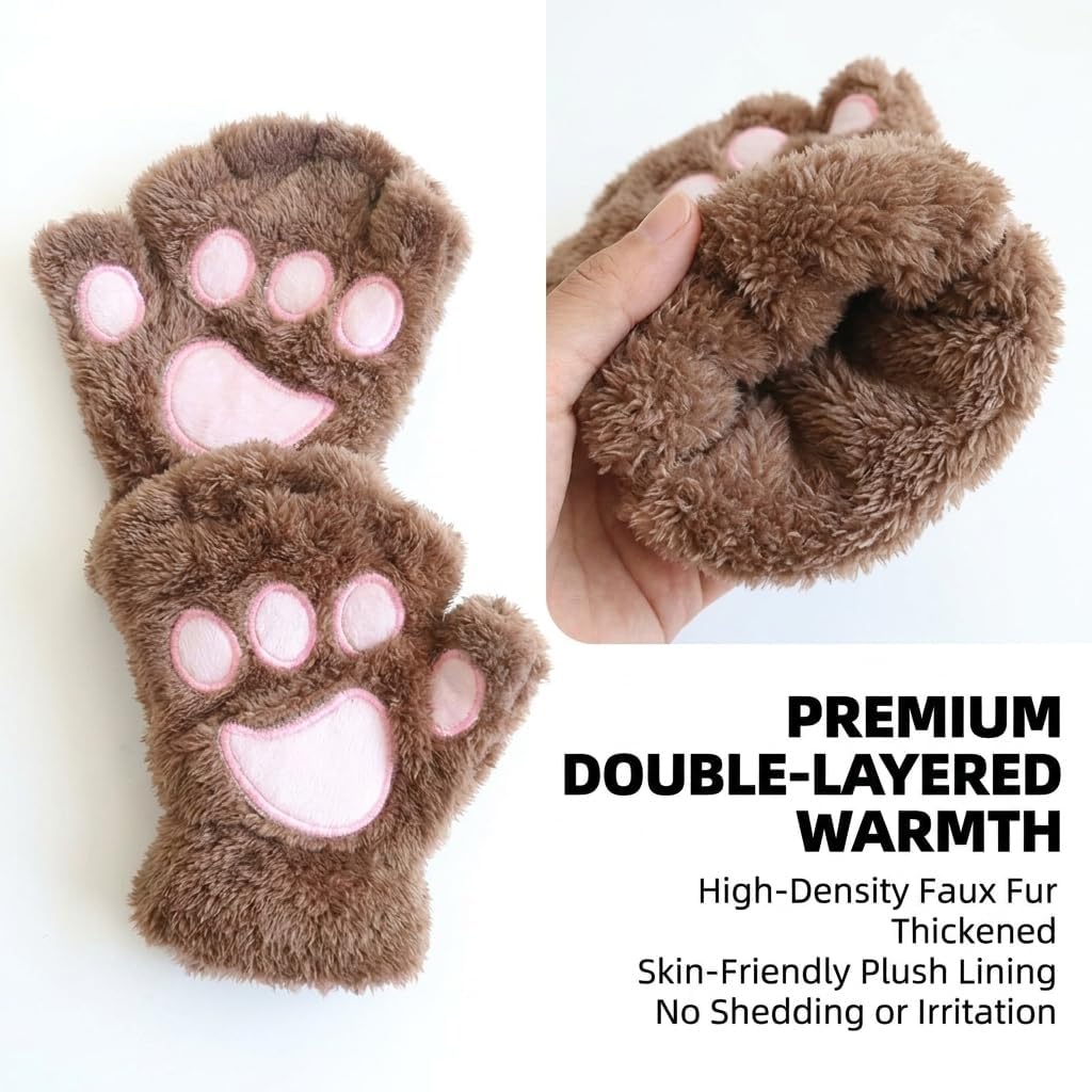 Bear Paws Gloves Cute Animal Cat Claws Mitten Fingerless Touchscreen Women Men Stage Costume Cosplay Halloween