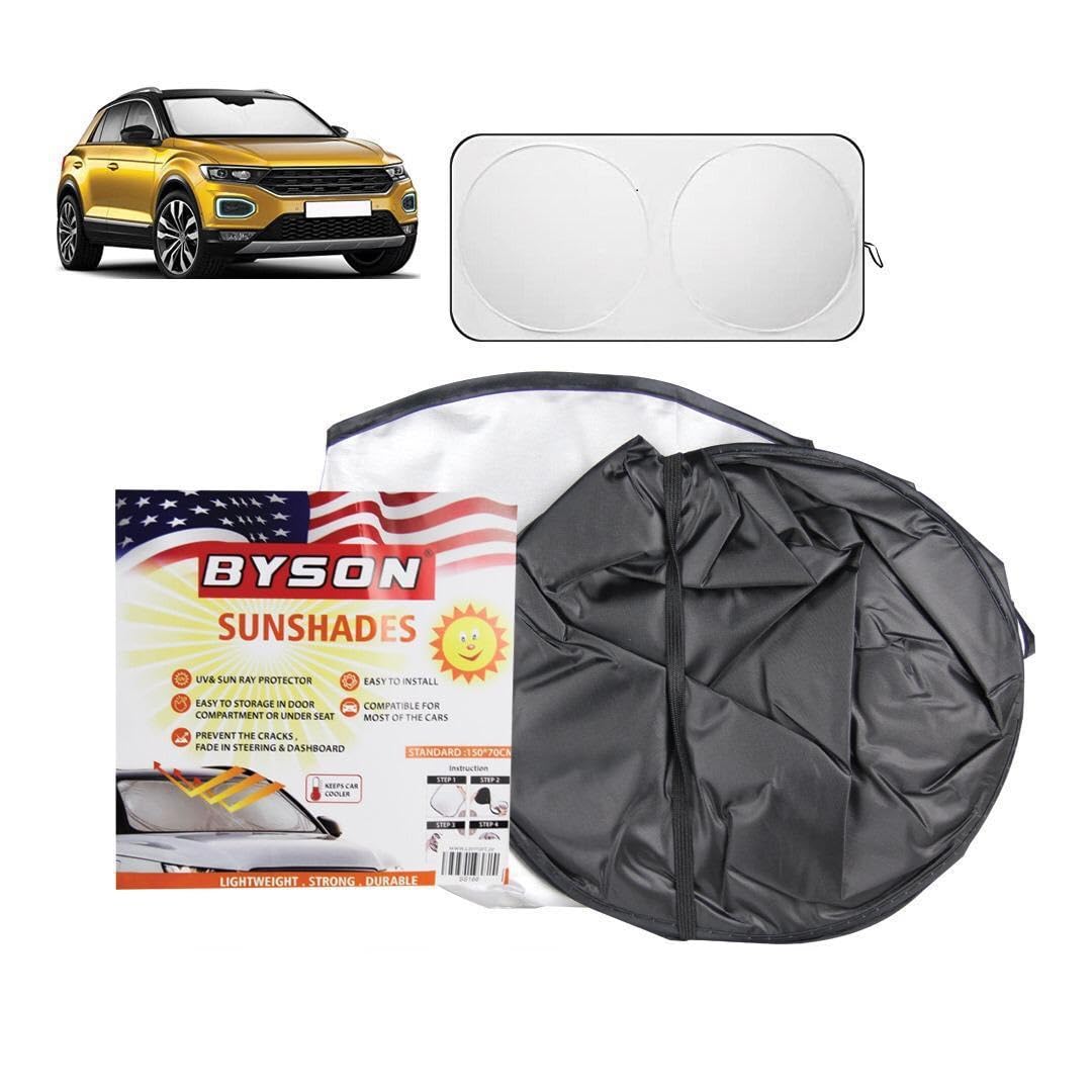 BYSON Car Windshield Sun Shade, 64" x 34" Reflective Auto Front Window Sun Shield Interior Protection, Foldable Sun Shade Blocks Heat UV Rays