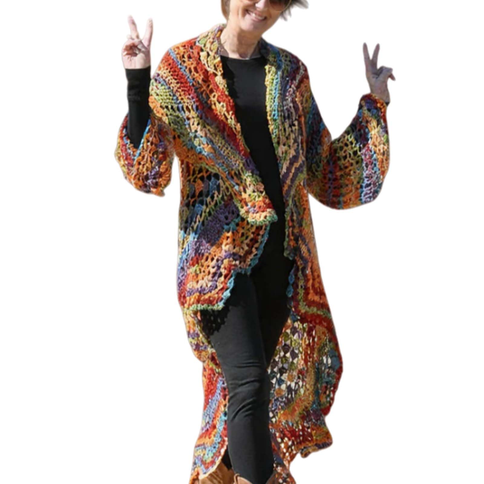 Bohemian Hippie Style Rainbow Hooded Long Cardigan Open Knit Crochet Sweater for Women Colorful Ruffle Hem Boho Jacket