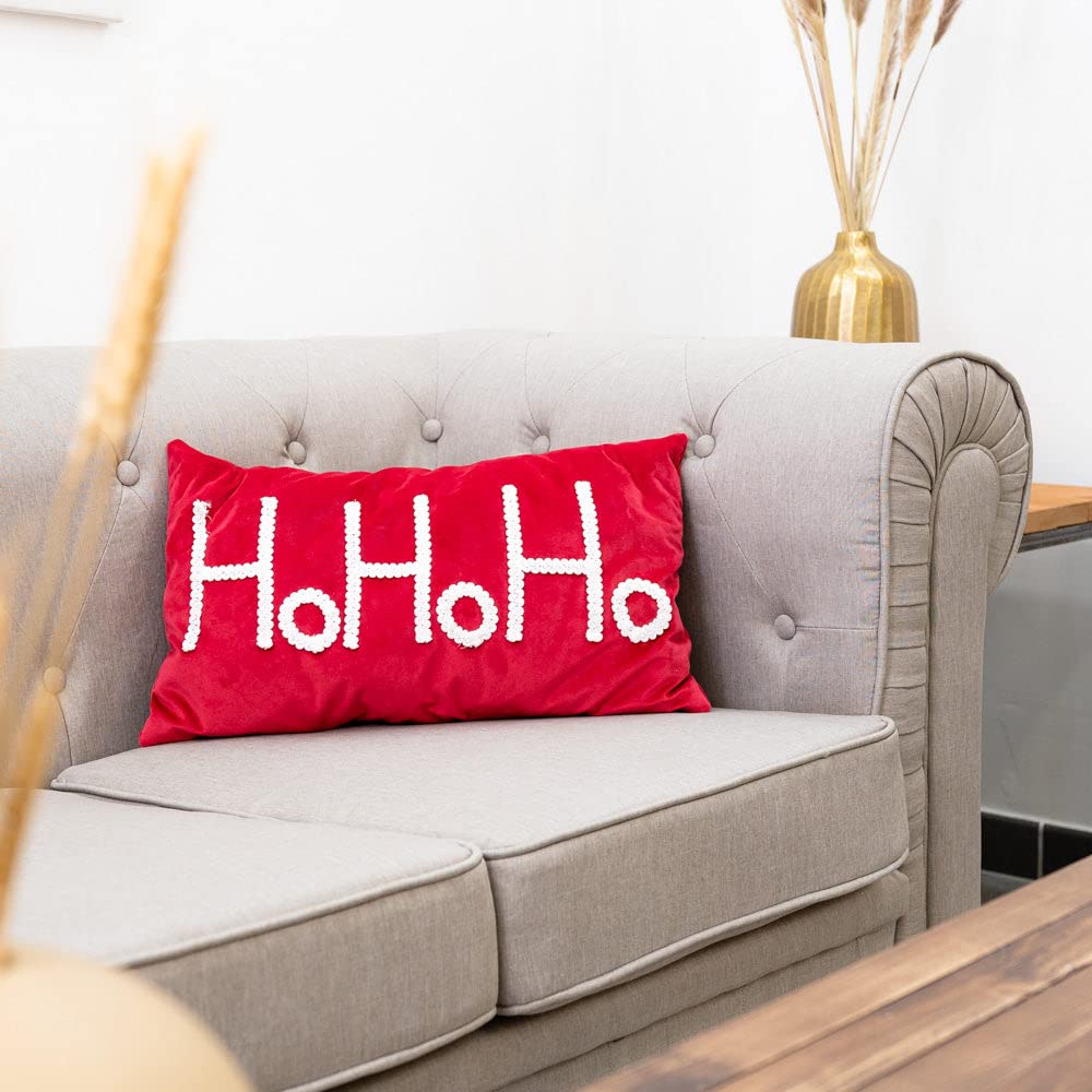 Cojín de Terciopelo con Texto en Relieve HO Fundas de Cojín Decorativo Fundas de Almohada de Navidad, Accesorios Decoración de Navidad para el hogar, sofá Cama, Rojo, 50 x 30 cm