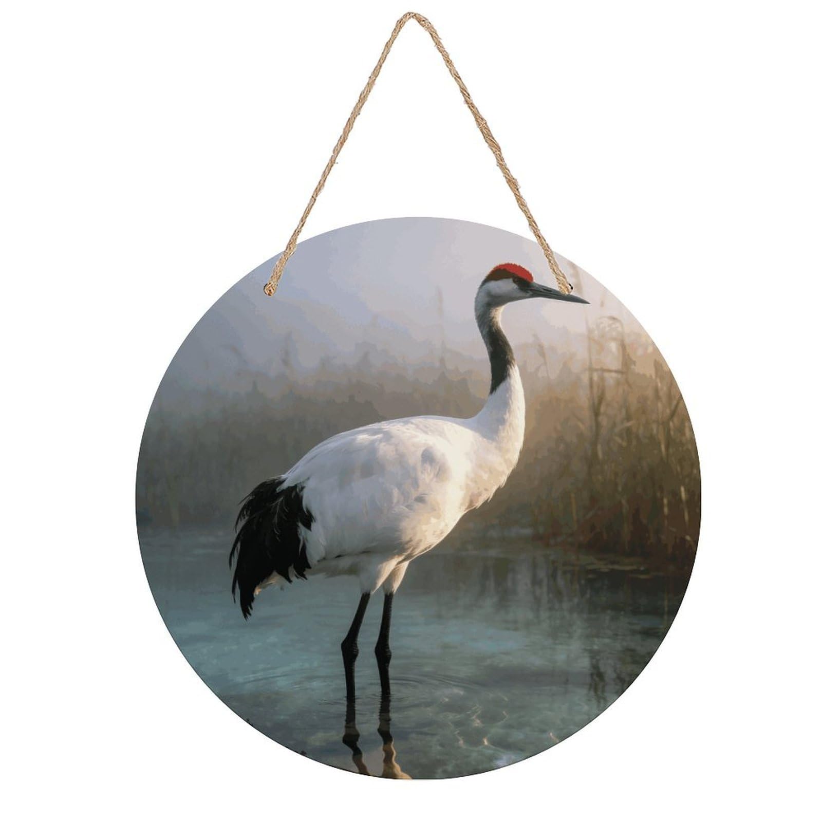 LZQPOEAS Majestic Crane Round Wood Wall Art Painting, 7.9 Inch Circular Wooden Door Hanger Decorative Paintings, Rope-Hanging Wooden Wall Plaque for Home Decor And Office Party