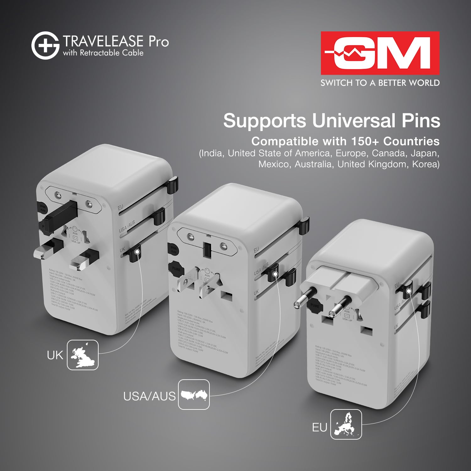 GM G+ 70W TravelEase Pro GaN International Travel Adapter, US, UK, EU, AU & 150+ Countries, 75cm Retractable Cable, 2 USB-A&USB-C Ports, Fast Charging Smartphones, Laptop, MacBook Air-M4, Tablet, DSLR 1