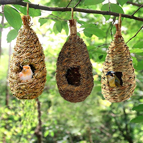 Hummingbird House, Pack Of 3 Grass Bird Hut, Hand Woven Hanging Birdhouse Outside Roosting Pocket Nest For Hummingbird Wren Sparrow Wicker Finch Chickadee  #TOP1