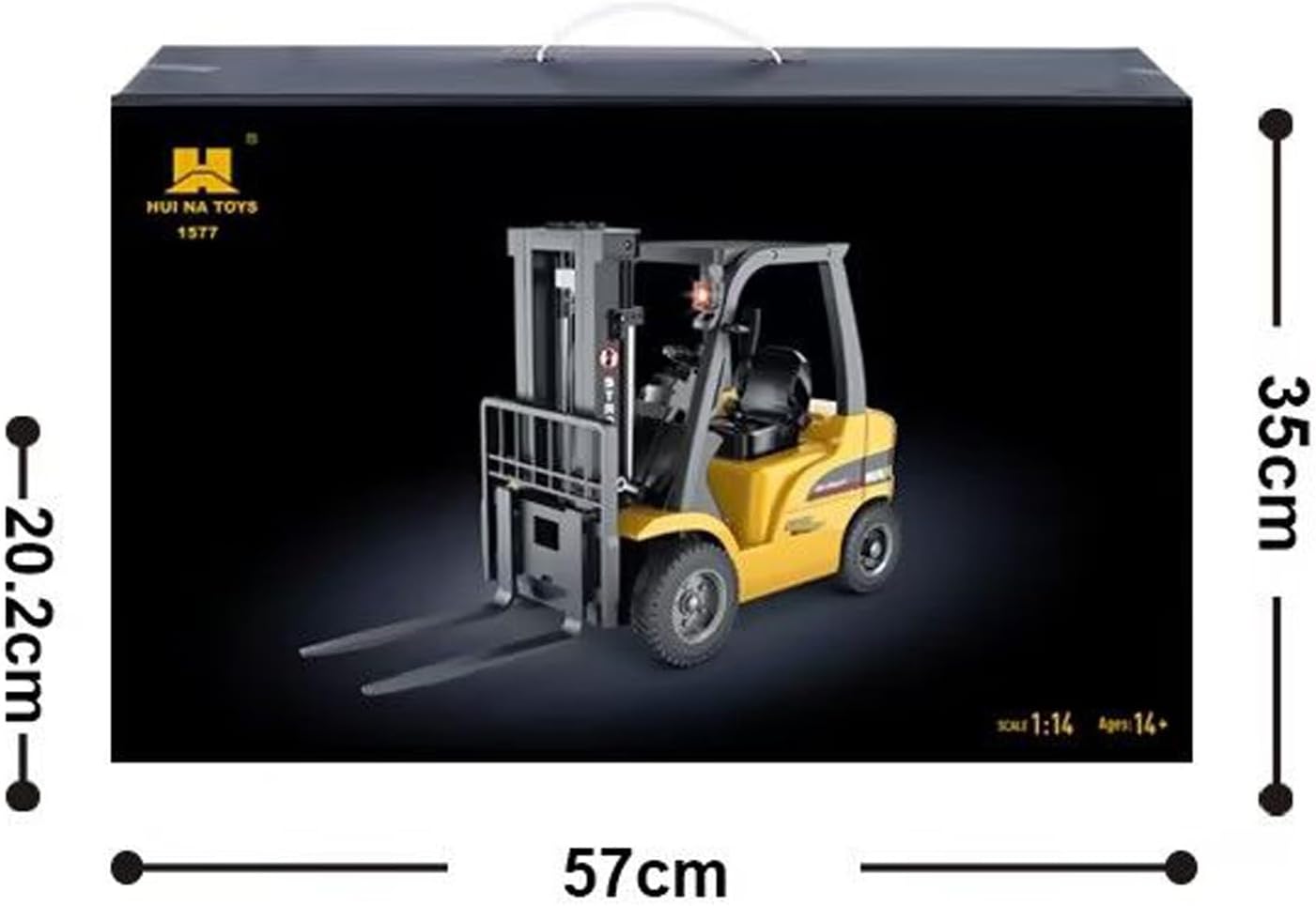 HIUNA 577 1/14 Electric Lifting Remote Control Forklift Model RC Construction Vehicle Battery Light Sound Effect Battery Hobby Grade Model for Ages 14+