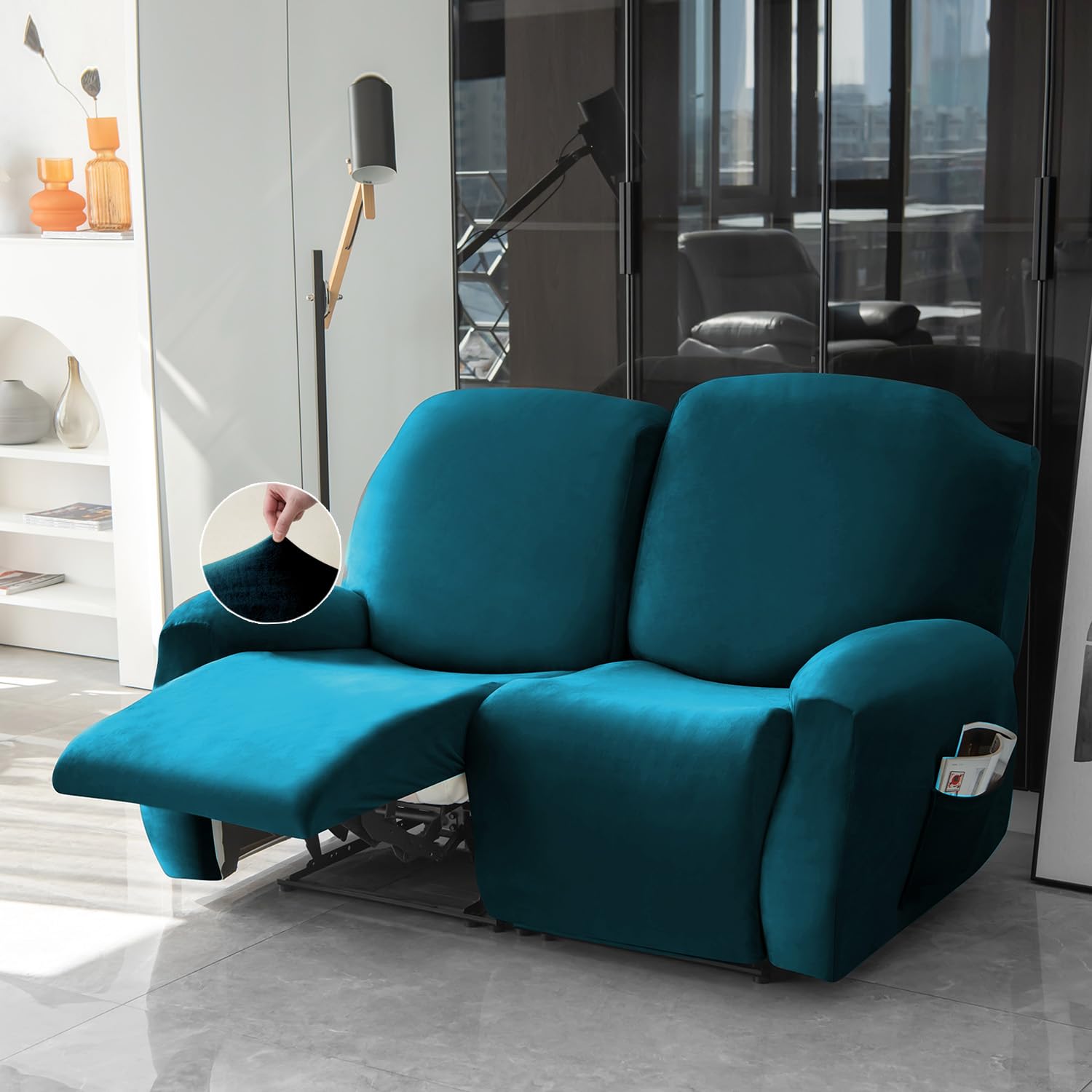 HOKIPO 200 GSM Premium Velvet 6-Pieces Stretchable Recliner Sofa Cover 2 Seater Fully Covered Washable Furniture Protector, Peacock Blue (AR-4908-PBLU) (B0CK1PCZF7) Amazon Price History, Amazon Price Tracker