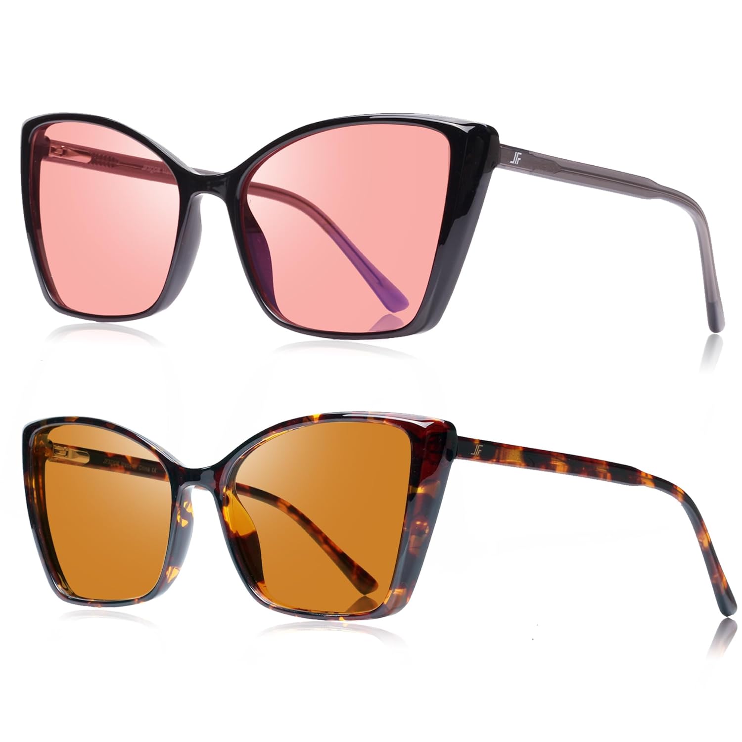 JFXQDR Womens 2 Pack Indoor Fluorescent-41 Rose Outdoor Fluorescent-60 Brown Cat Eye Tinted Blue Light Blocking Glasses for