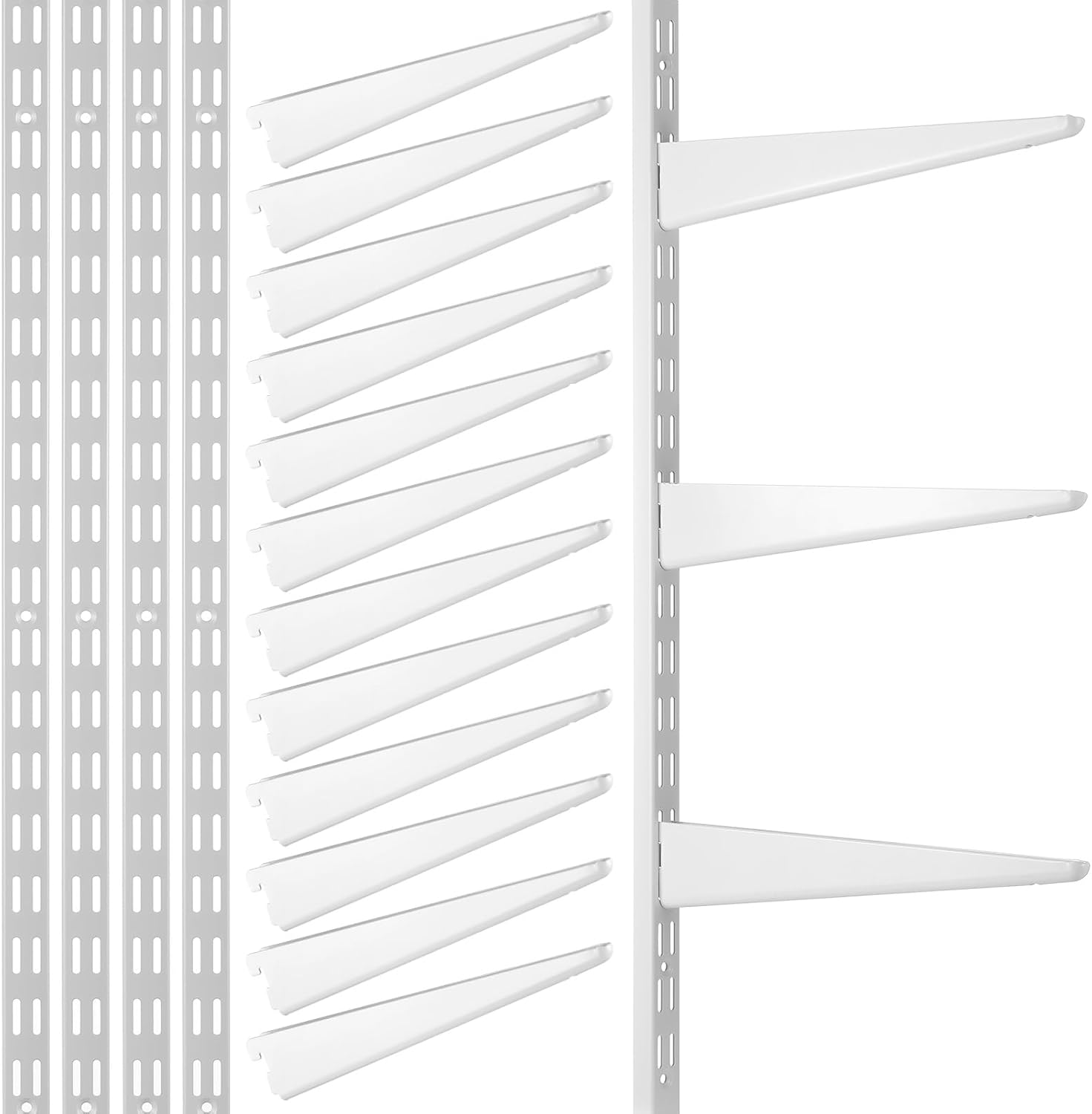 16 Pcs White Twin Rail Upright Wall Shelving System 25 Inch with Adjustable Shelf Bracket 11.5 Inch Heavy Duty Storage Rack Metal Support System for Kitchen Closet Home Indoor