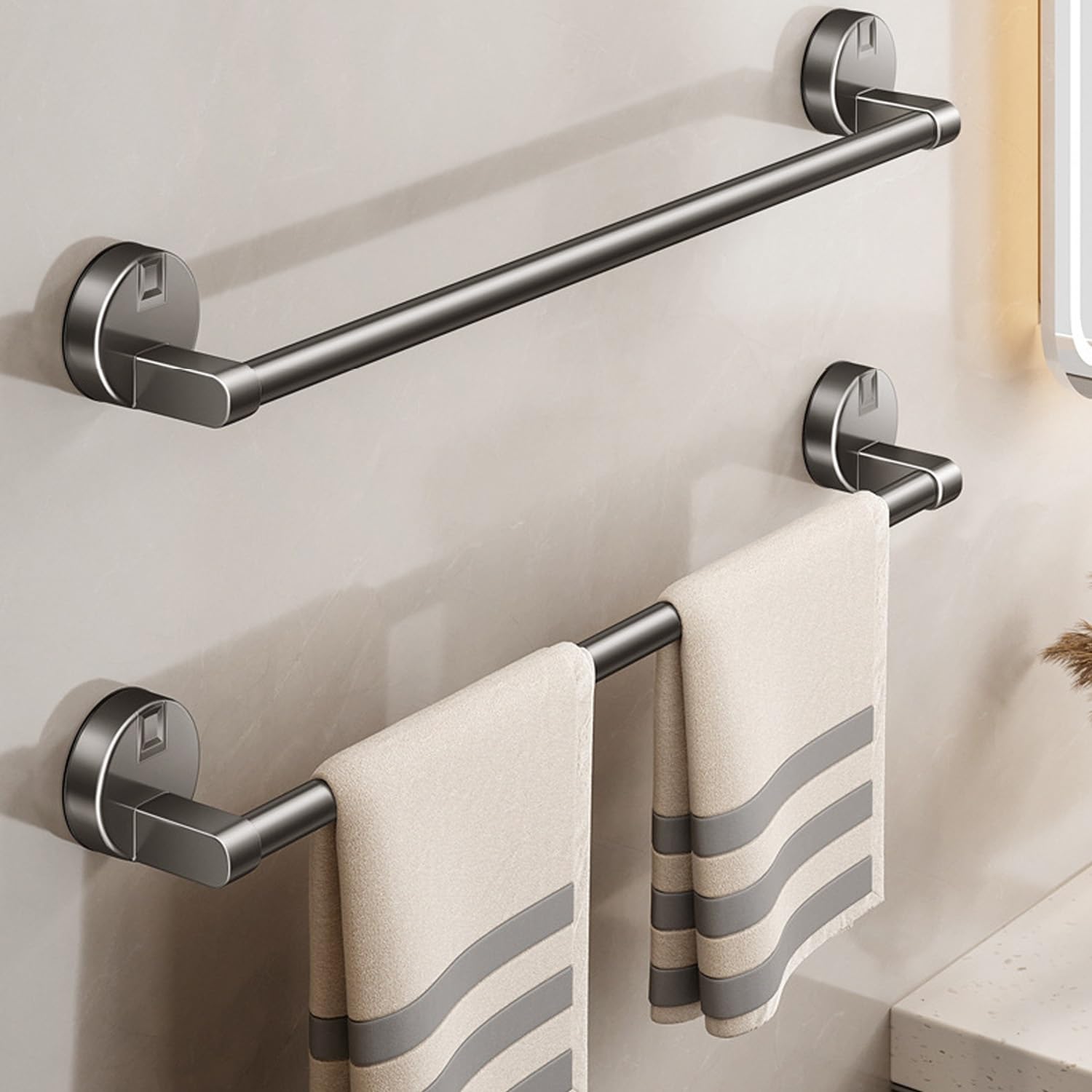 NoDrill Aluminiowy wieszak na ręczniki, 50 cm, akcesoria łazienkowe, przyssawka, uchwyt na ręczniki, nowoczesny szary wieszak na ręczniki do mieszkań i niezbędnych artykułów domowych
