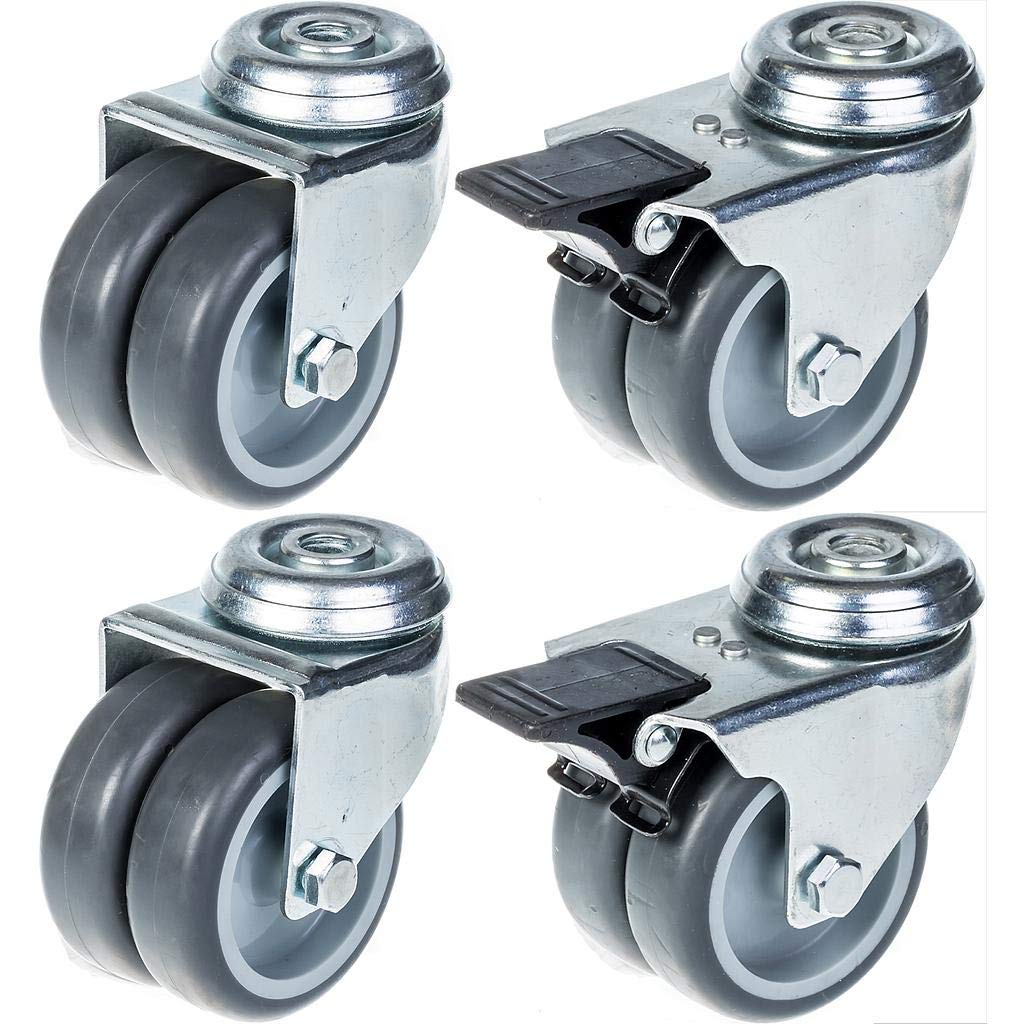 Ruote gemelle da 75 mm in gomma grigia girevoli e freno, capacità 400 kg, set da 4