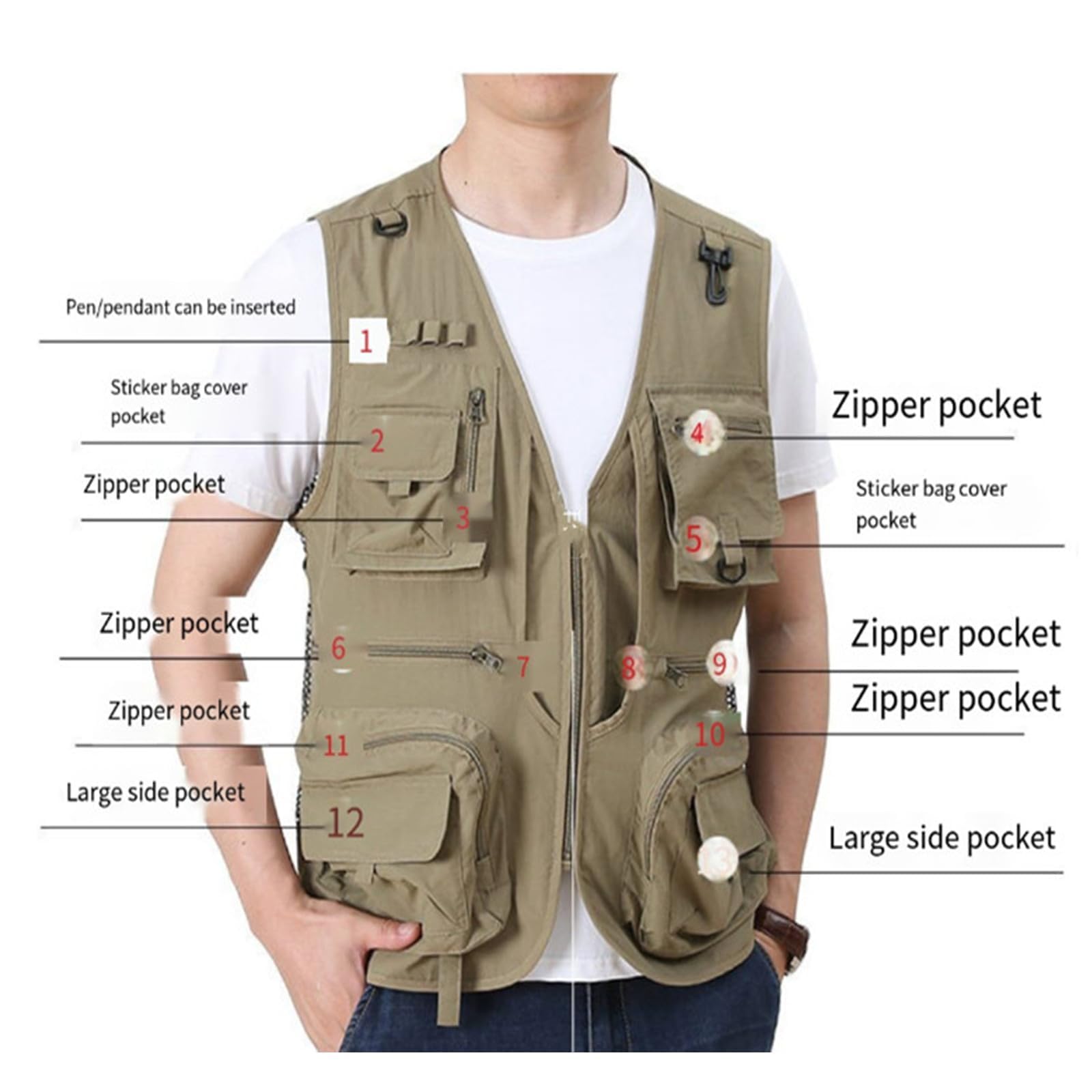 Gilet cargo in rete traspirante con zip, gilet estivo da lavoro da uomo con tasche, gilet tattico ad asciugatura rapida multi-tasca