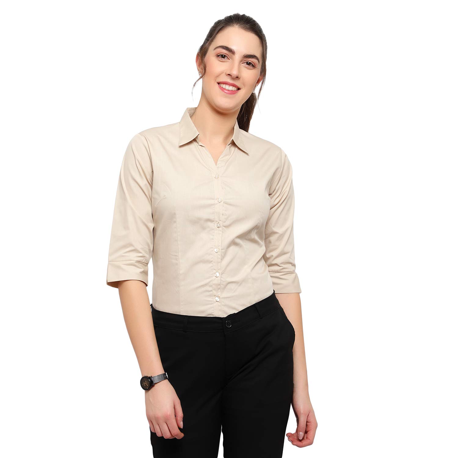 blue ronin Blue RoninWomen 3/4 Sleeve Stylish Western Official Formal Shirts for Women Regular fit Shirts for Women(Light Beige-S)-picture-48