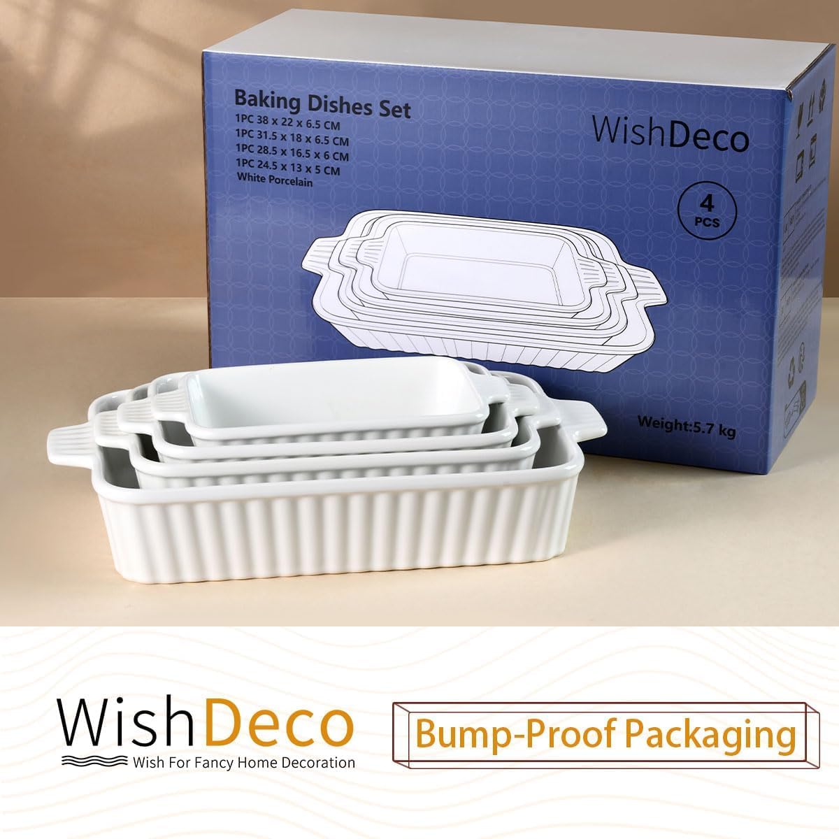 WishDeco 4-teiliges Auflaufform Set, Rechteckig Lasagne Backformen Set aus Keramik, Ofenfeste tiefe Gratinform mit Griffen, Mikrowellengeeignet & Spülmaschinenfest, Weiß