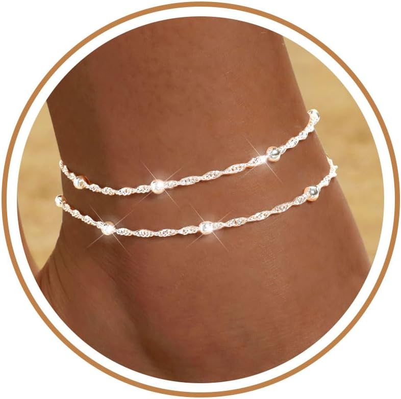 FUNEIA Gold Silver Ankle Bracelets for Women Waterproof 14K Gold Plated Anklets for Women Non Tarnish Dainty Layered Beaded Heart Anklet Set Summer Beach Foot Chain Jewelry Gifts Trendy Stuff