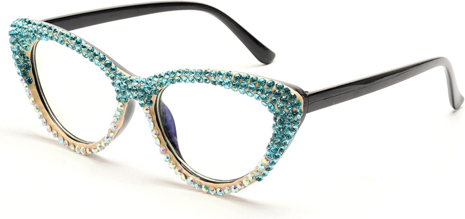 ICARA Oprah style Bling Rhinestone Cat Eye Reading Glasses for Women Shiny Diamond Blue Light Blocking Ladies Readers