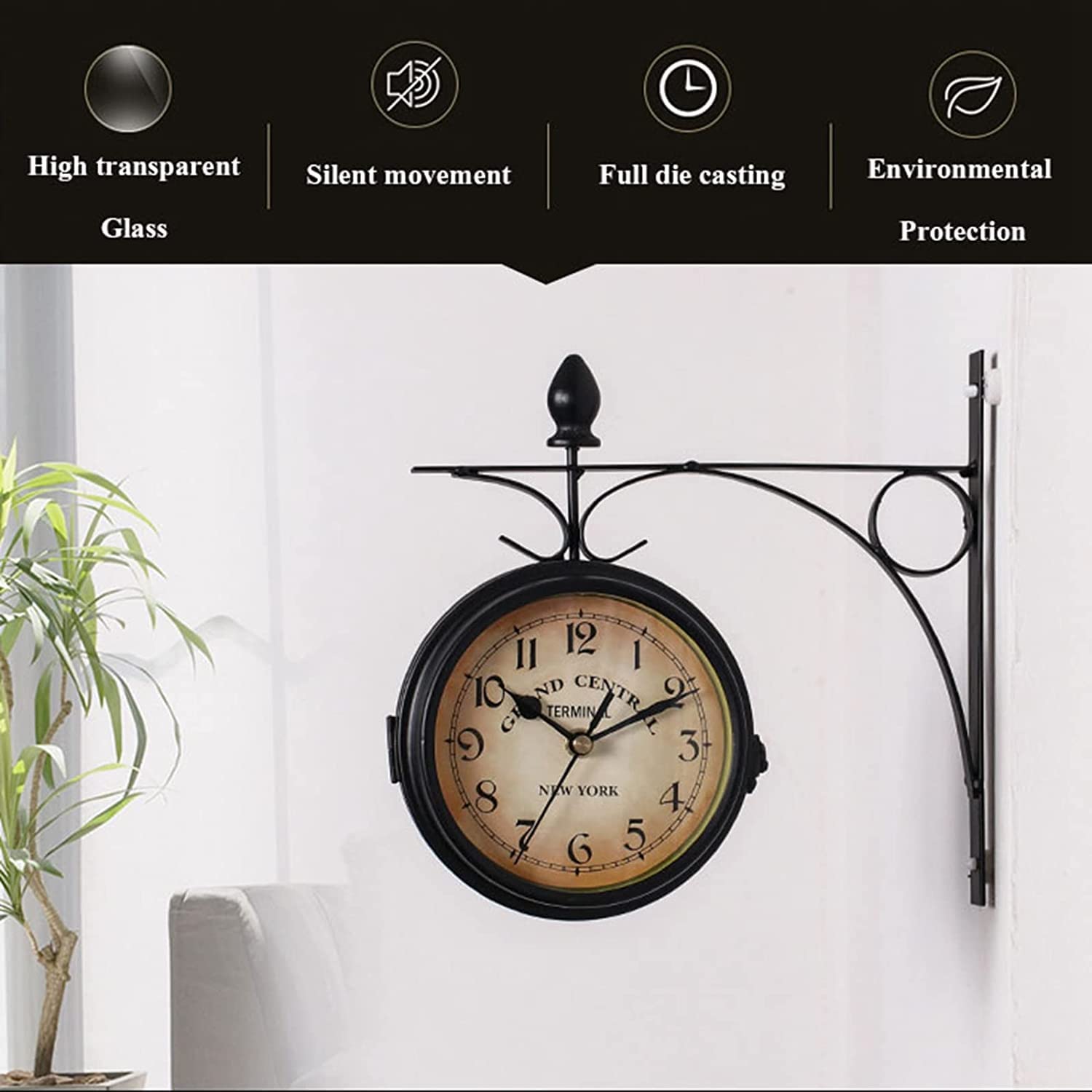 Reloj De Pared De 9 Pulgadas, Doble Cara, De Hierro Forjado, para Jardín, Resistente Al Agua, para Exteriores E Interiores, Decoración Exterior, Reloj De Pared De Cuarzo,Black