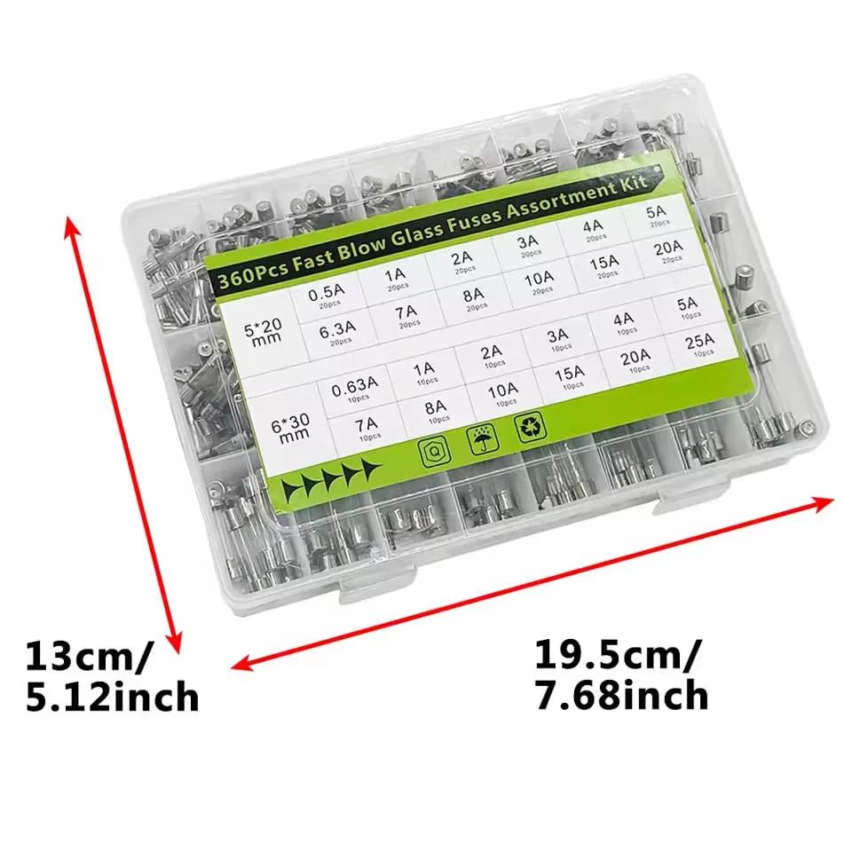 Kit surtido de fusibles de vidrio de acción rápida Mustpoint 360 piezas 24 valores 5x20mm y 6x30mm miniatura 2