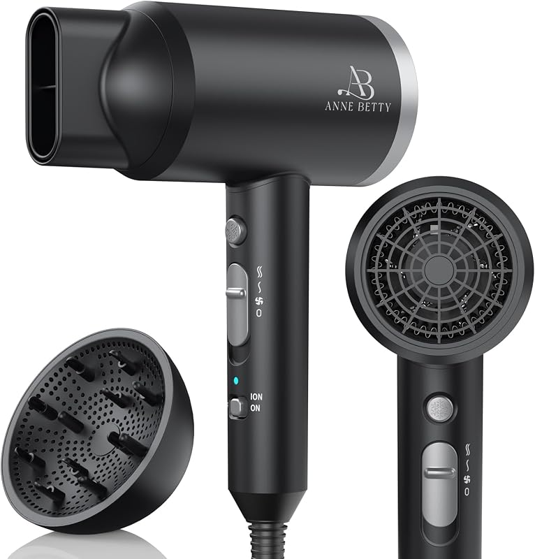 ANNE BETTY Ionic Hair Dryer with Diffuser, 1800W Blow Dryer for Women & Men, Fast-Drying, Lightweight, Low Noise, Hair Care Styling Tool for Home, Travel, Gifting
