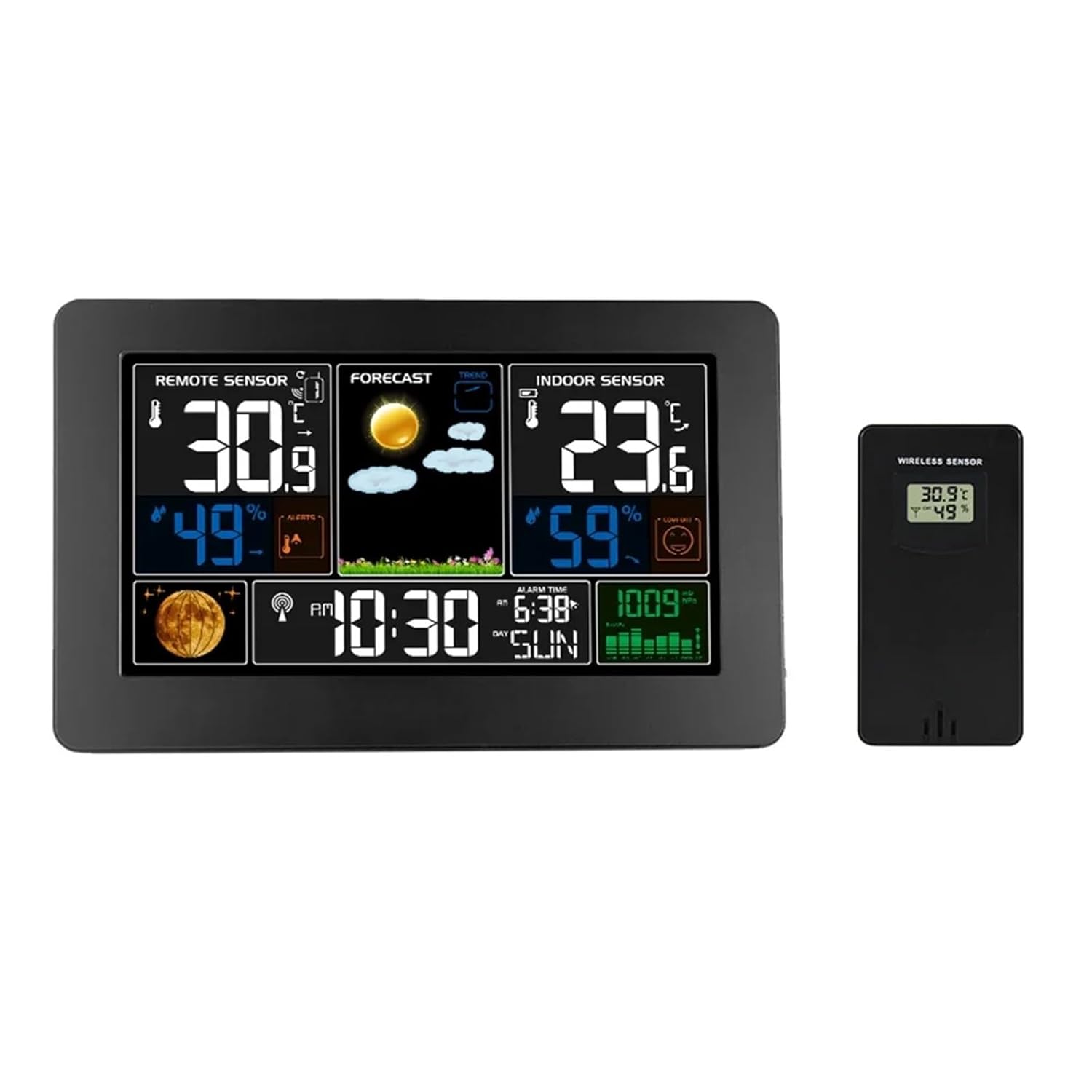 Weather Station, Multifunction Weather Station Alarm Clock Thermometer Hygrometer Touch Screen Wireless Sensor Sunrise Sunset Hygrothermograph,for Home Garden,0178B-1