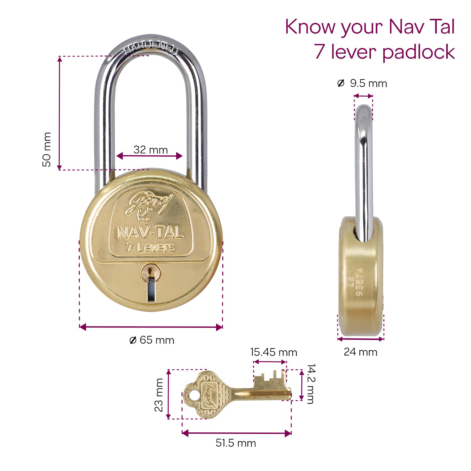 Godrej Locks I Navtal 7 levers 65 mm I 3 Keys I Long Hardened Shackles I for Padlock for Main Door I Gate Lock I Tool Box, Shutters, Shops & Offices I Brass Finish | 1 Year Warranty — Amazon image 6
