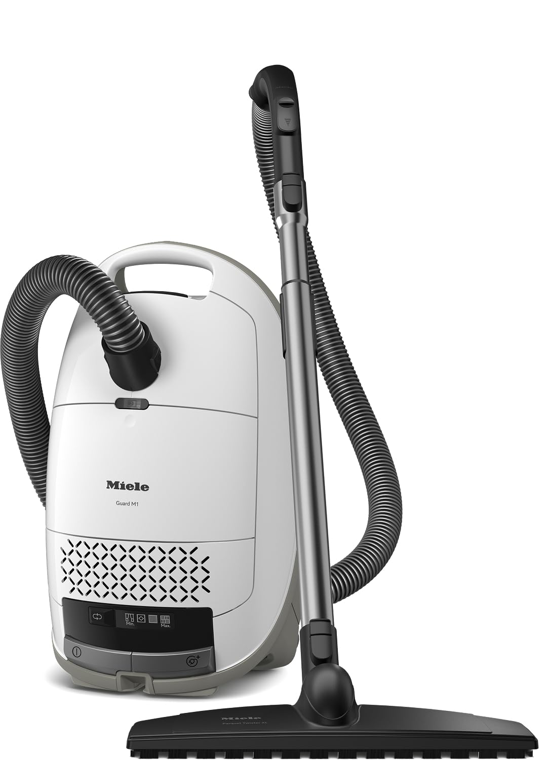 Aspiradora de trineo con bolsa Miele Guard M1 Parquet XL con filtro AirClean Plus, cabezal universal para suelos AllTeQ y cepillo para suelos Parquet Twister XL, pantalla LED con iconos en blanco brillante